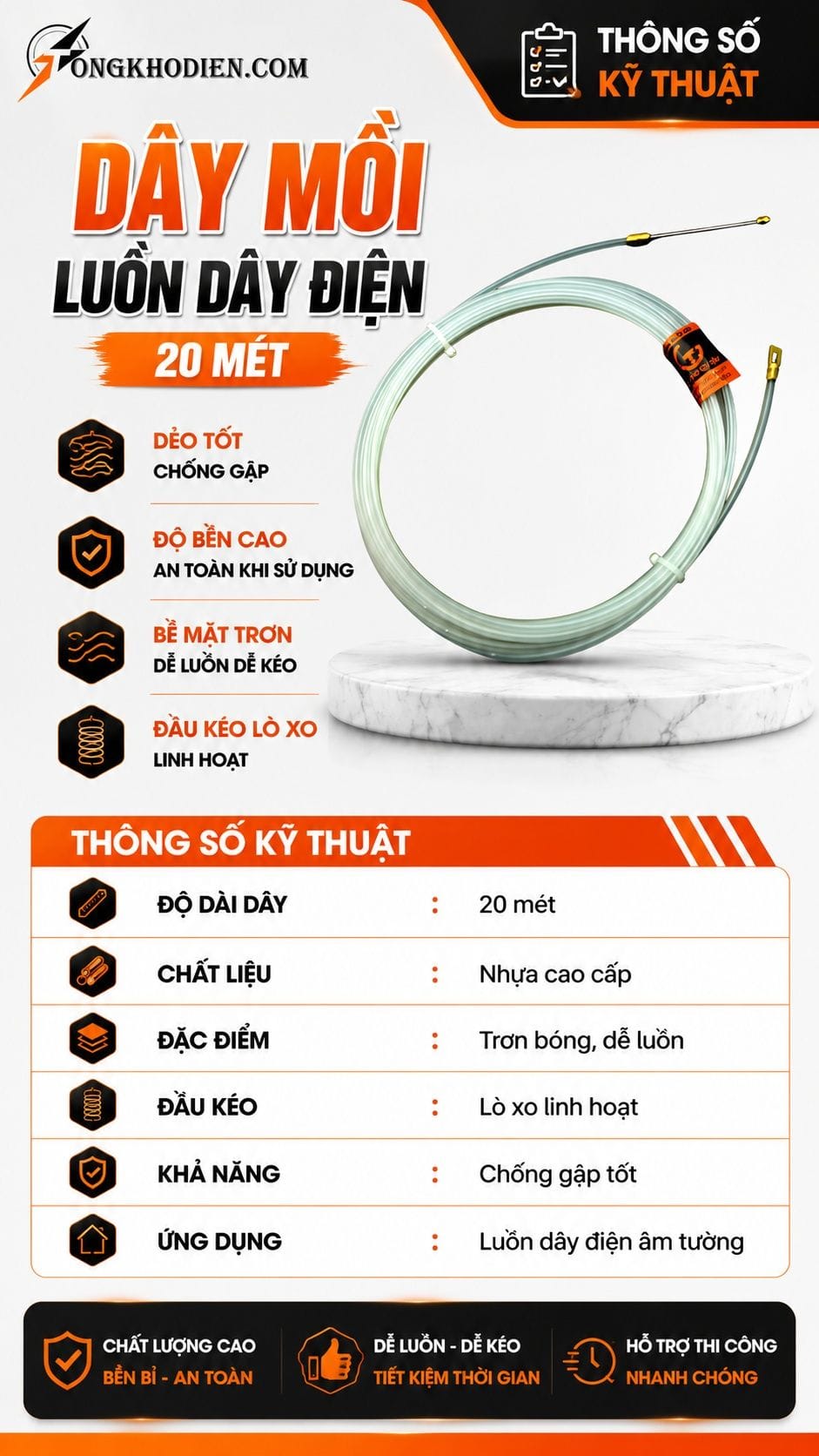 Dây Mồi Luồn Dây Điện 20 Mét Dẻo Bền Dễ Luồn 8 Thông số kỹ thuật dây mồi luồn dây điện 20 mét
