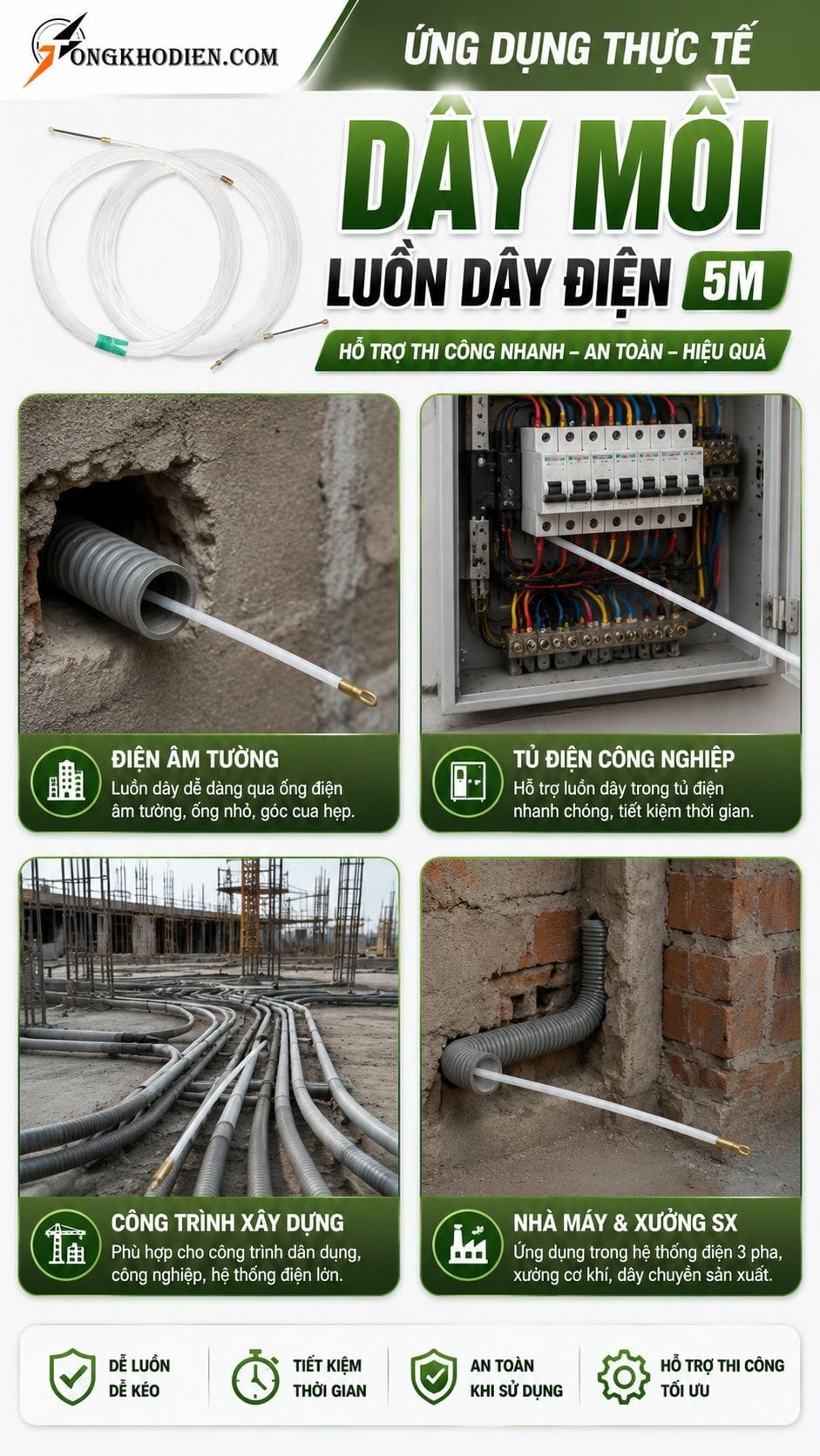 Dây Mồi Luồn Dây Điện 5 Mét Dẻo Bền Dễ Luồn 9 Ứng dụng thực tế dây mồi luồn dây điện 5 mét