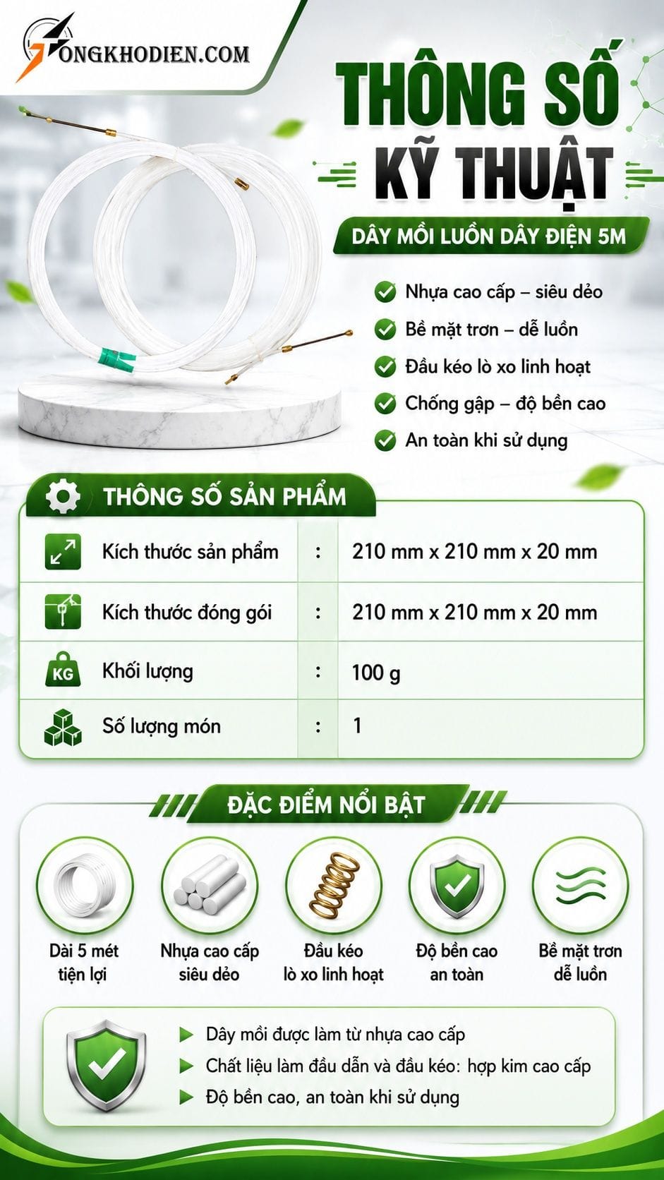 Dây Mồi Luồn Dây Điện 5 Mét Dẻo Bền Dễ Luồn 8 Thông số kỹ thuật dây mồi luồn dây điện 5 mét