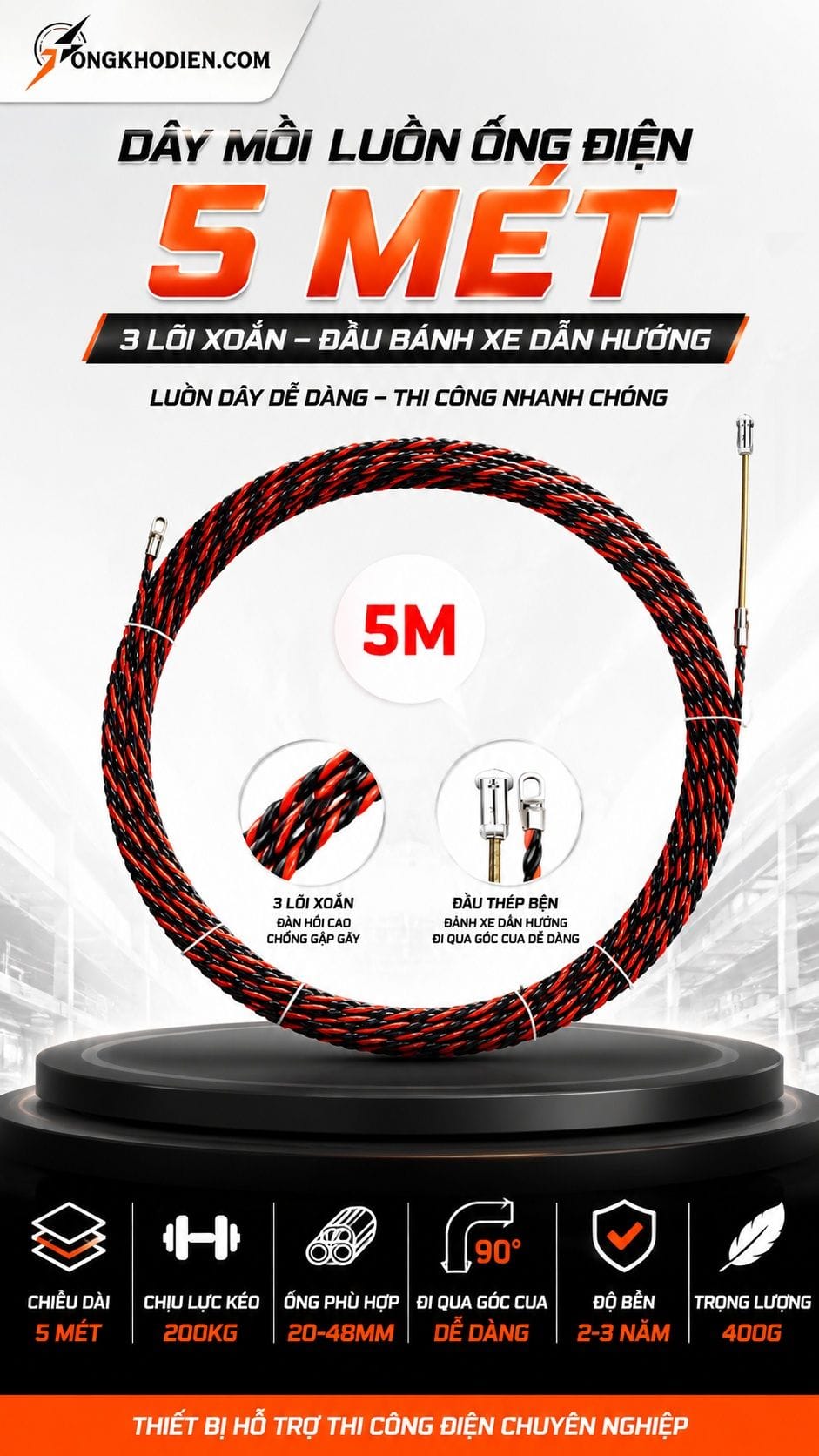 Dây Mồi Luồn Ống Điện 5 Mét 3 Lõi Xoắn Đầu Bánh Xe 5 Dây mồi luồn ống điện 5 mét