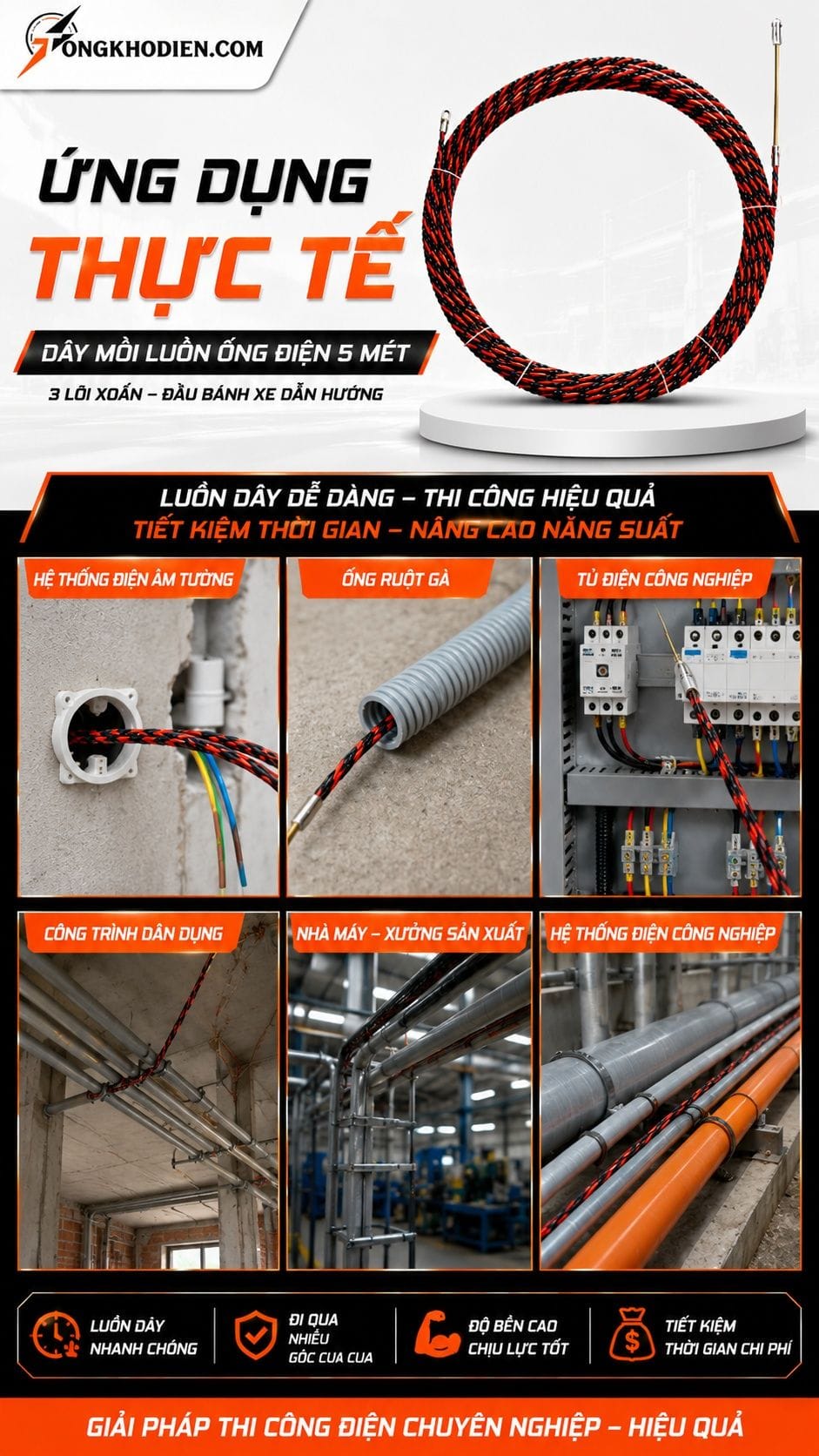 Dây Mồi Luồn Ống Điện 5 Mét 3 Lõi Xoắn Đầu Bánh Xe 7 Ứng dụng thực tế dây mồi luồn ống điện 5 mét