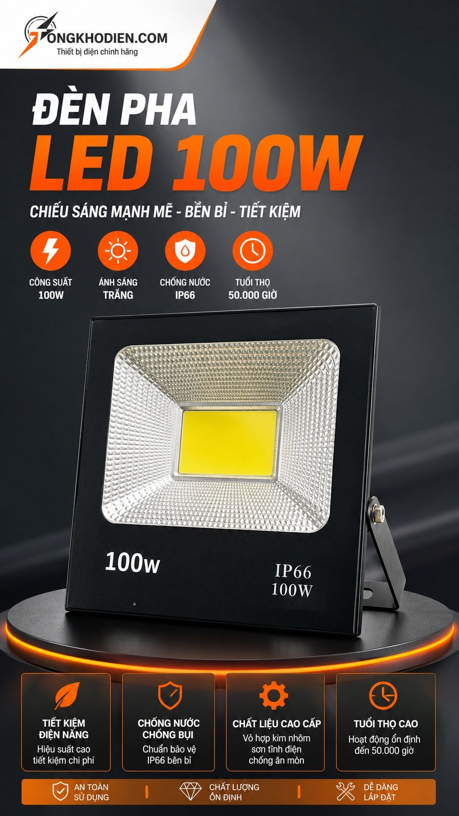Đèn Pha LED 100W Chống Nước Ngoài Trời 5 Đèn pha led 100w chống nước ngoài trời IP66