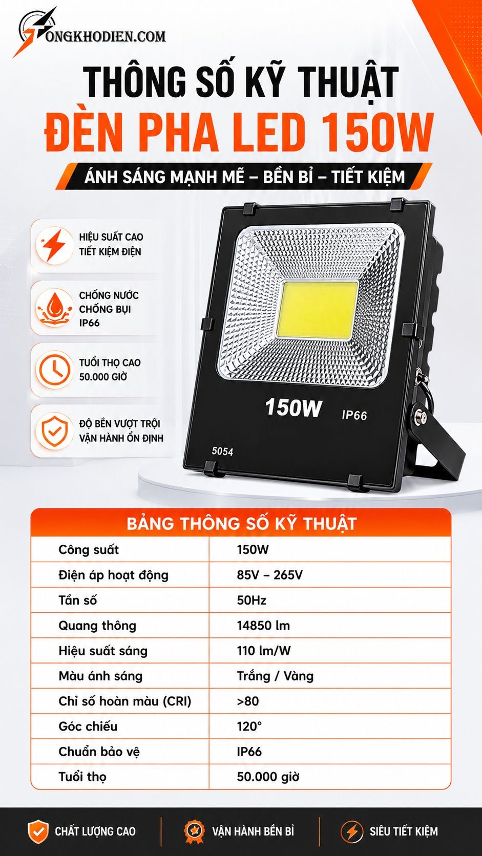 Đèn Pha LED 150W Chống Nước Ngoài Trời 6 Thông số kỹ thuật đèn pha led 150w chống nước