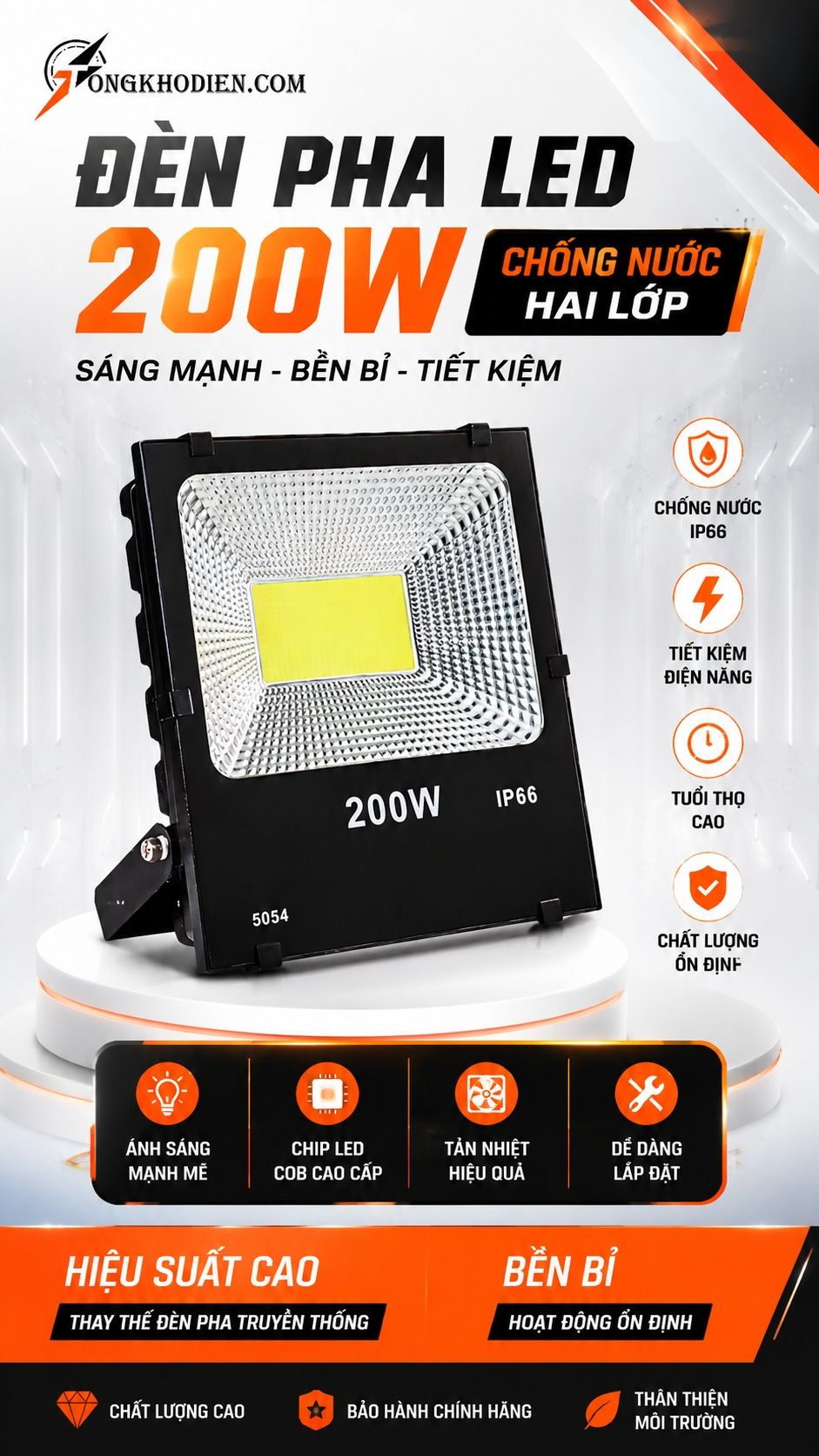 Đèn pha led 200w chống nước ngoài trời IP66