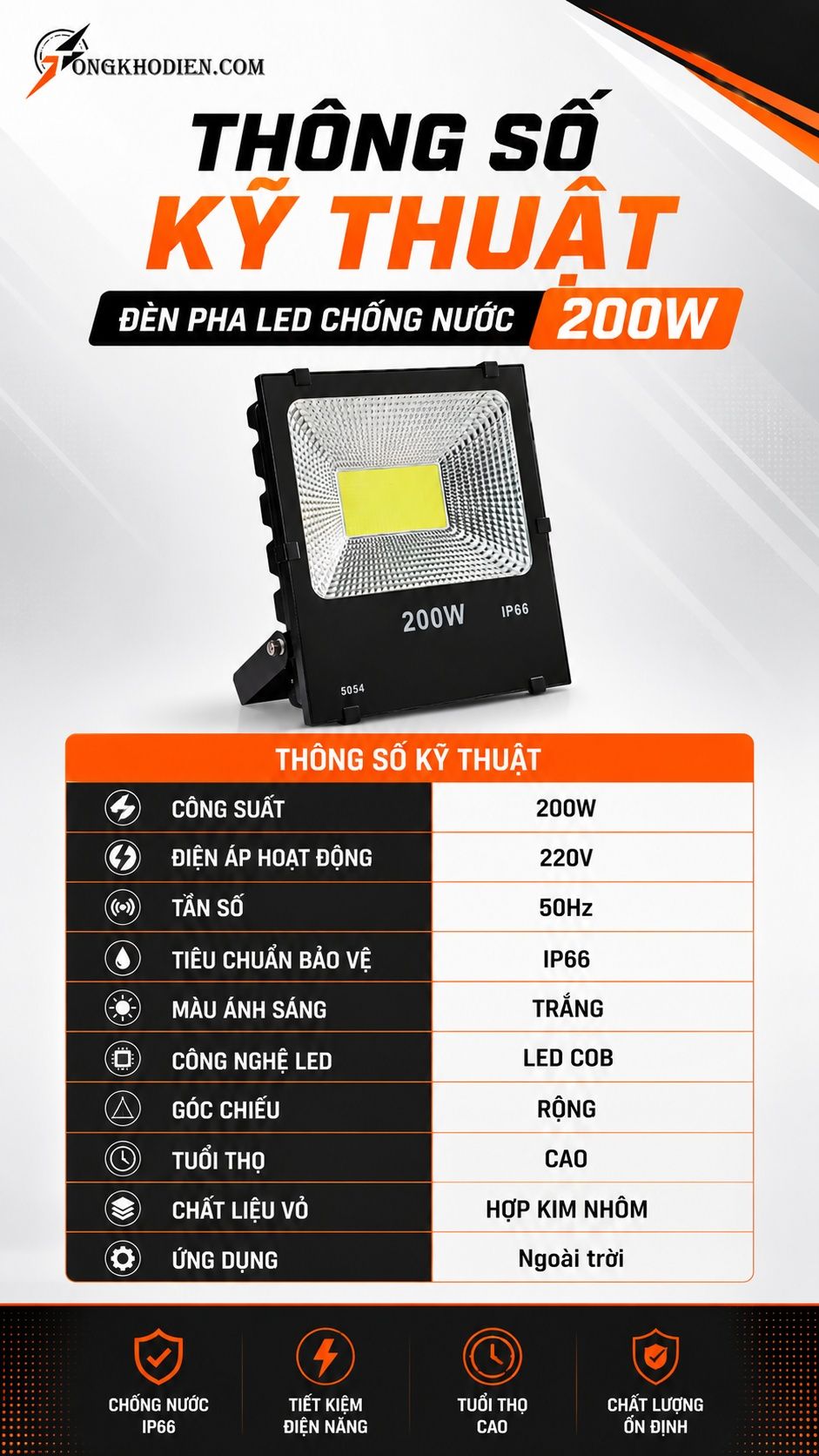 Thông số kỹ thuật đèn pha led 200w chống nước