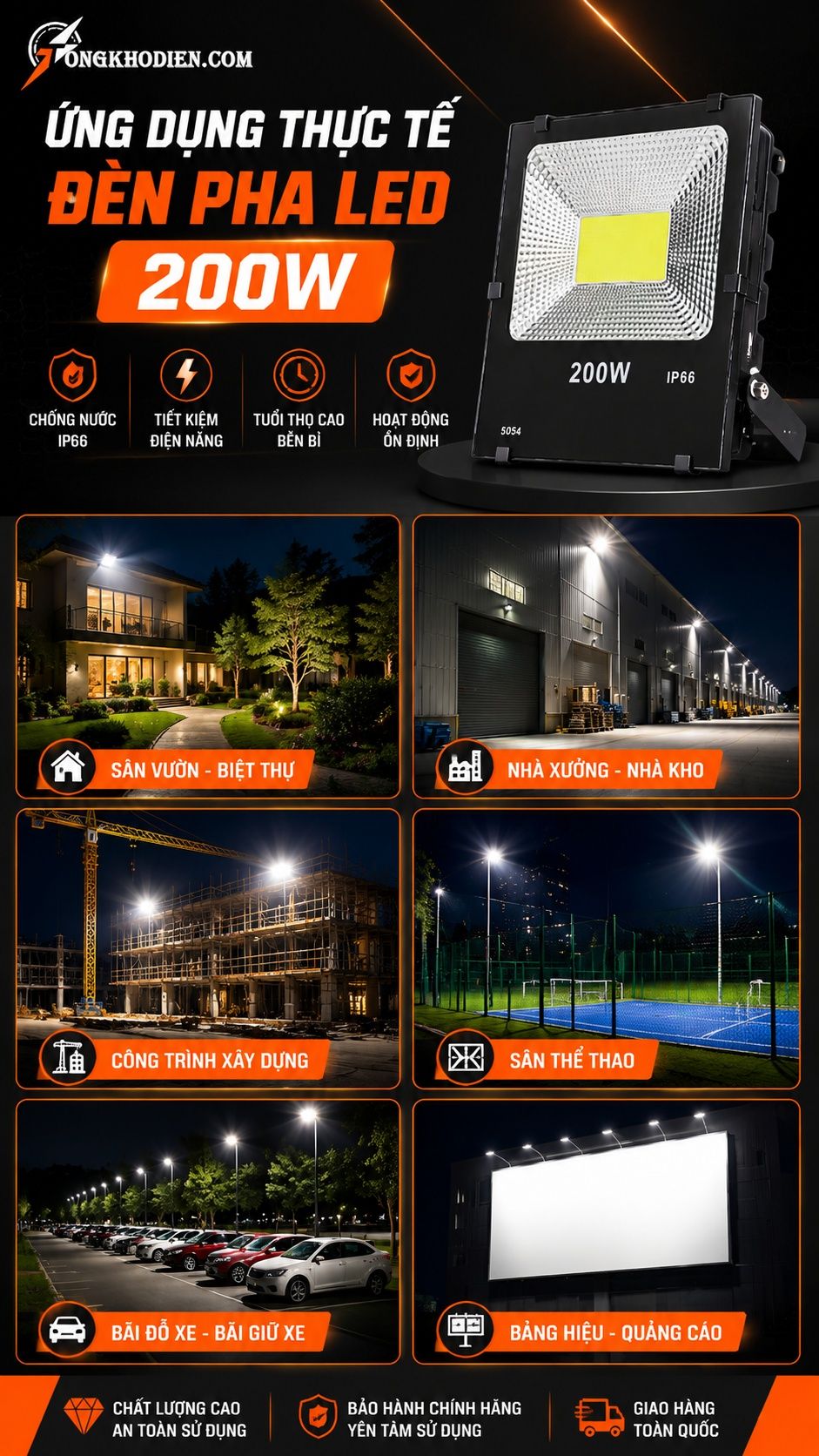 Ứng dụng thực tế đèn pha led 200w chống nước