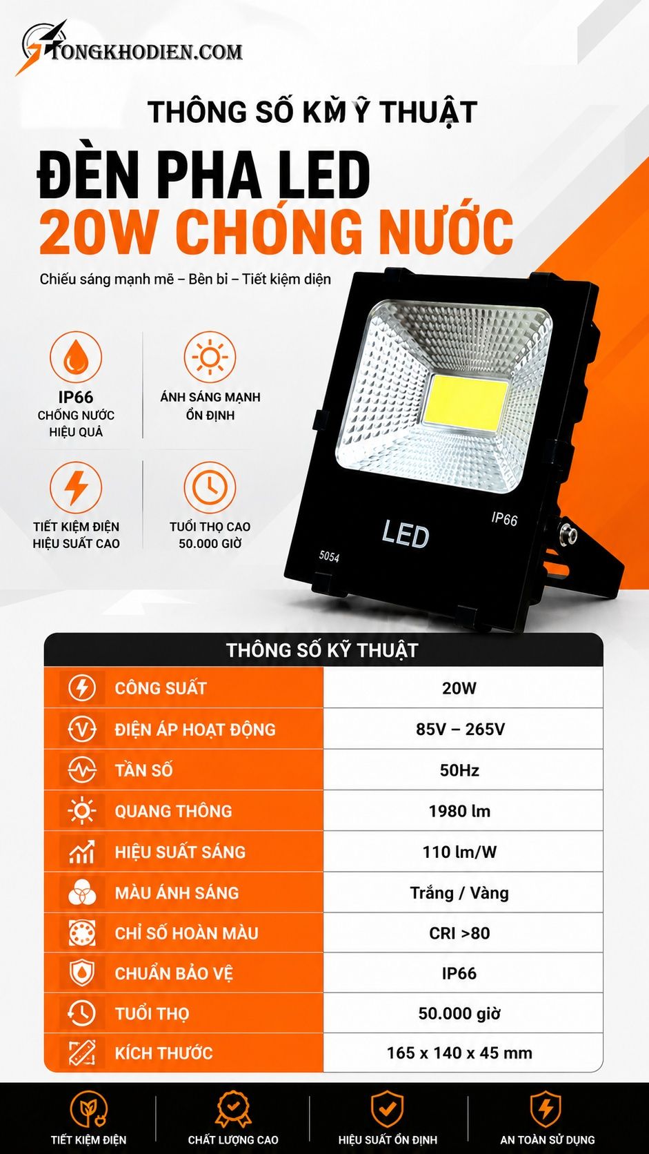 Đèn Pha LED 20W Chống Nước Chiếu Sáng Ngoài Trời 6 Thông số kỹ thuật đèn pha led 20w chống nước