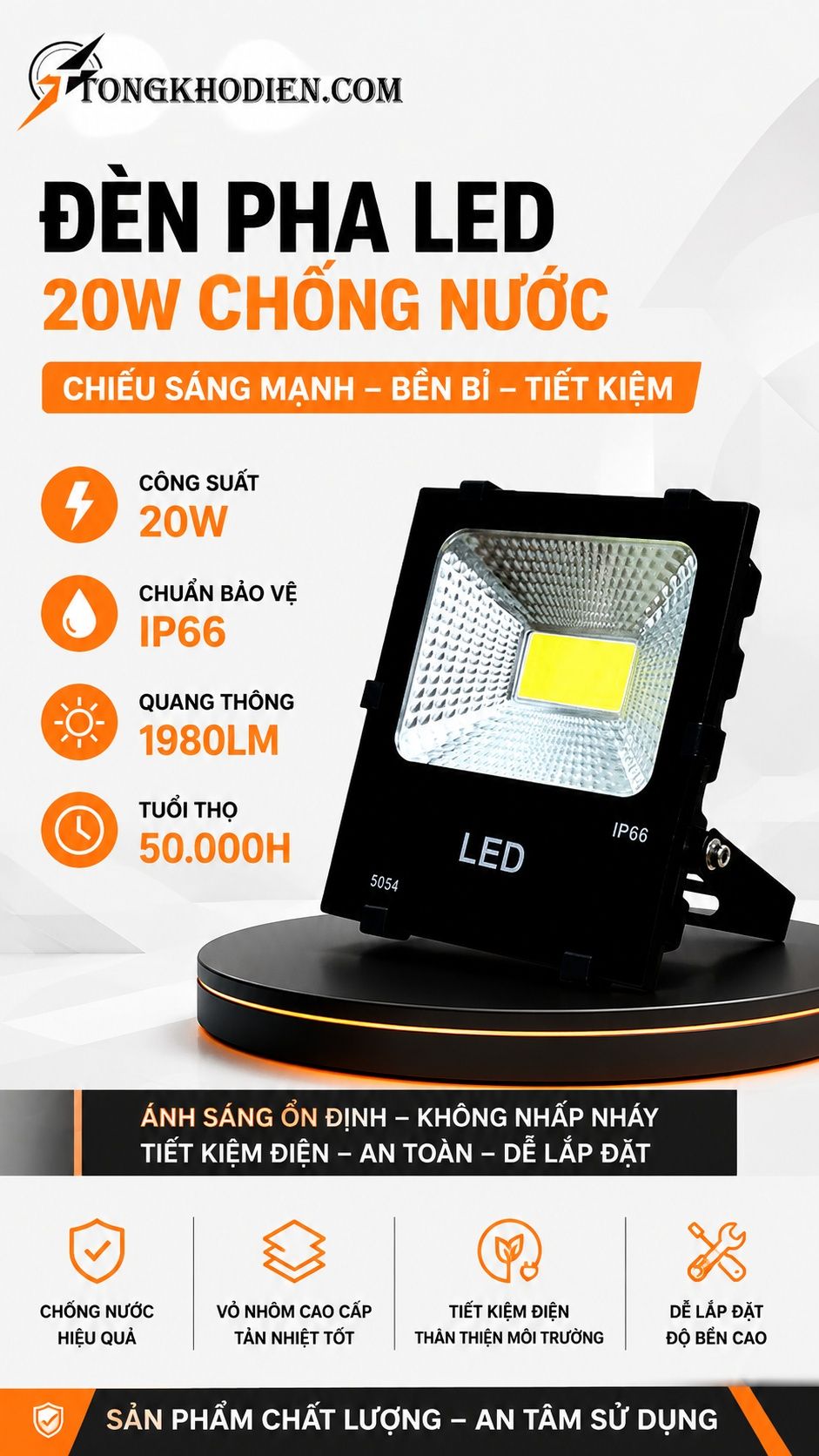 Đèn Pha LED 20W Chống Nước Chiếu Sáng Ngoài Trời 5 Đèn pha led 20w chống nước ngoài trời IP66