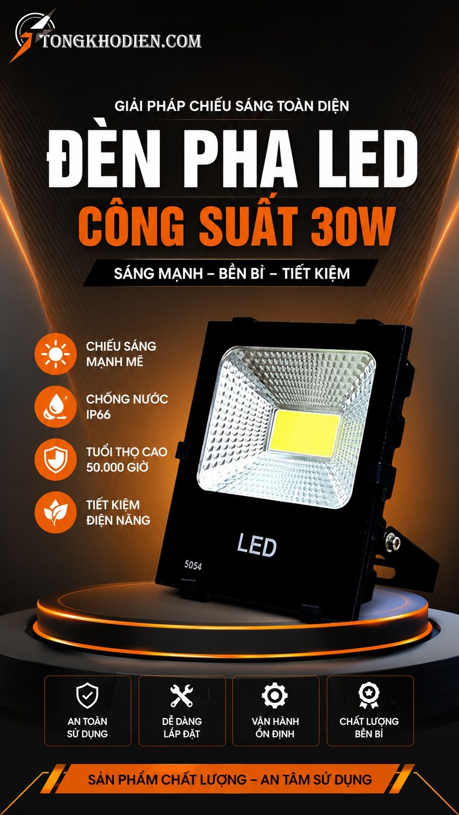 Đèn Pha LED 30W Chống Nước Ngoài Trời 5 Đèn pha led 30w chống nước ngoài trời IP66