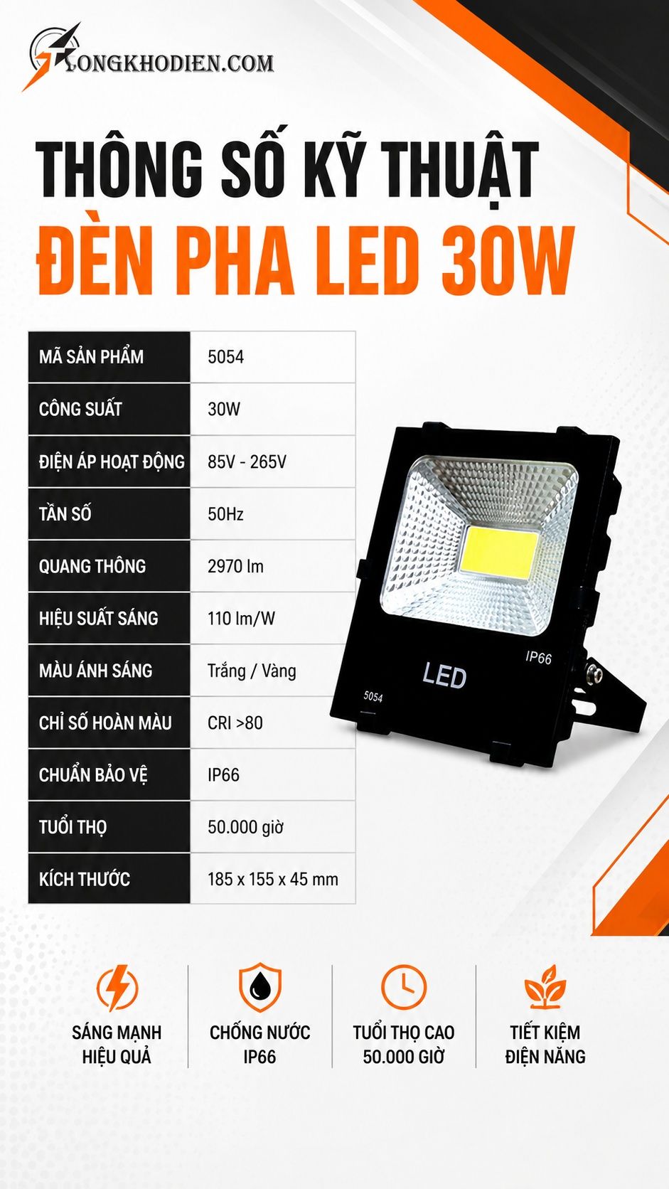 Đèn Pha LED 30W Chống Nước Ngoài Trời 6 Thông số kỹ thuật đèn pha led 30w chống nước