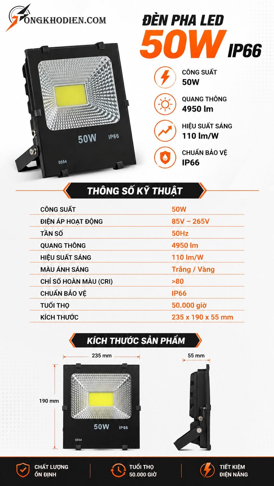 Đèn Pha LED 50W Chống Nước Ngoài Trời 6 Thông số kỹ thuật đèn pha led 50w chống nước