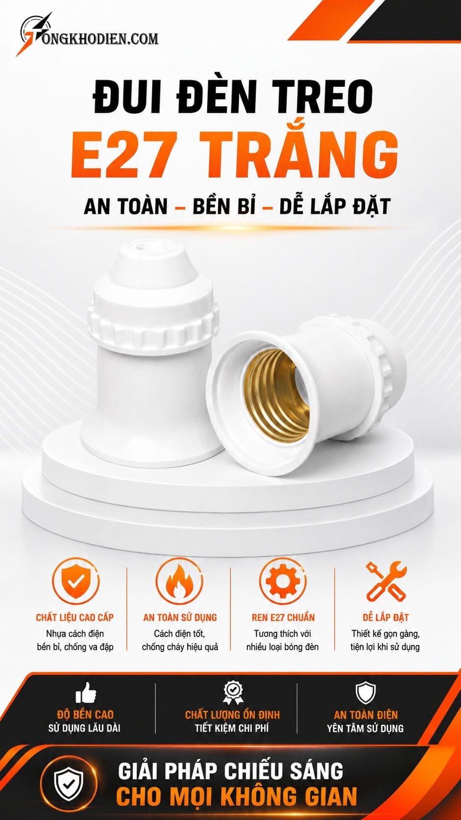 Đuôi đèn treo E27 trắng dùng cho hệ thống chiếu sáng dân dụng