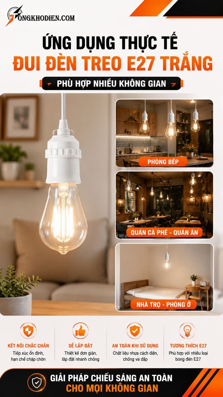 Ứng dụng thực tế đuôi đèn treo E27 trắng