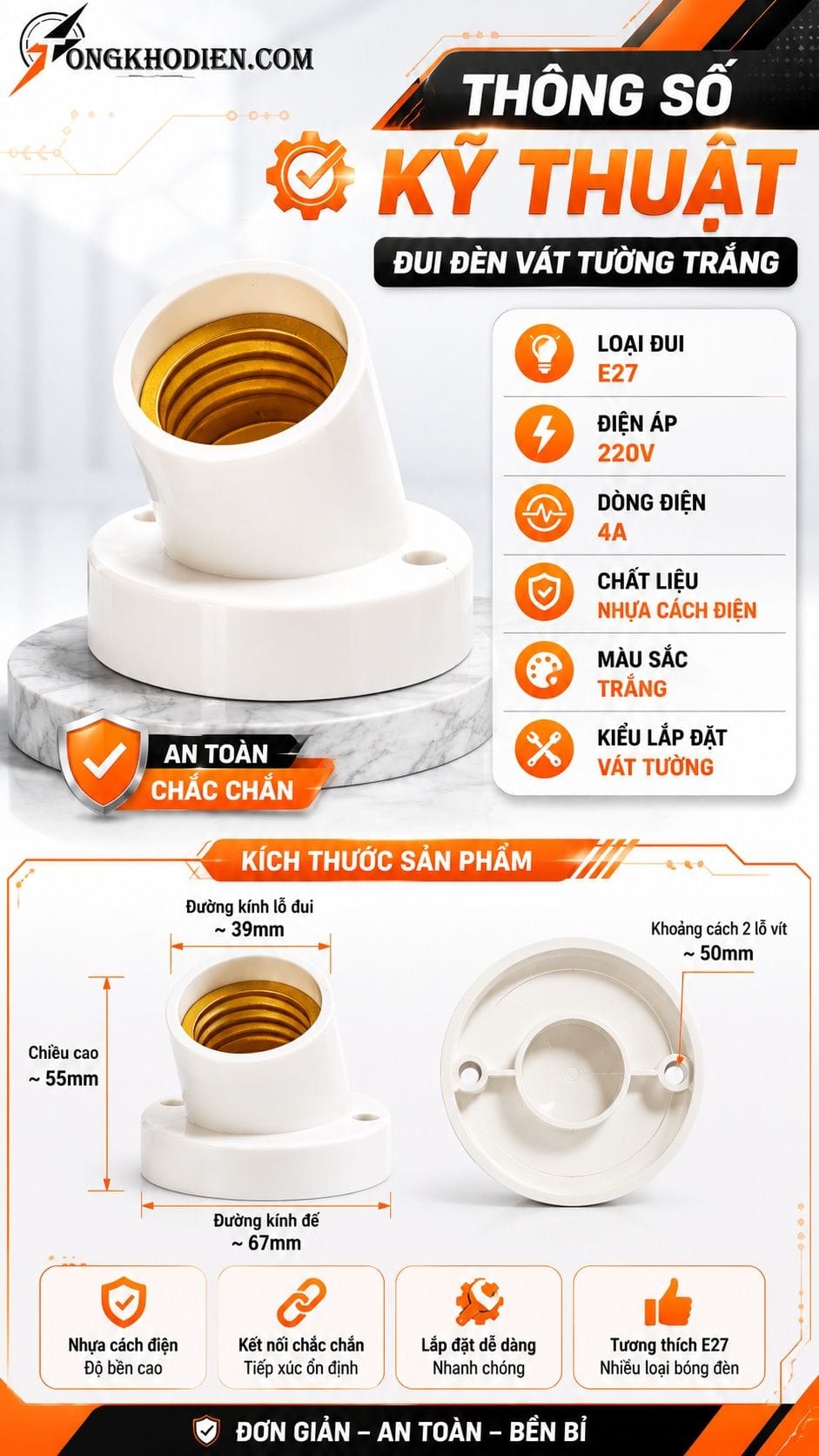 Đuôi Đèn Vát Tường Trắng An Toàn Dân Dụng 7 Thông số kỹ thuật đuôi đèn vát tường trắng