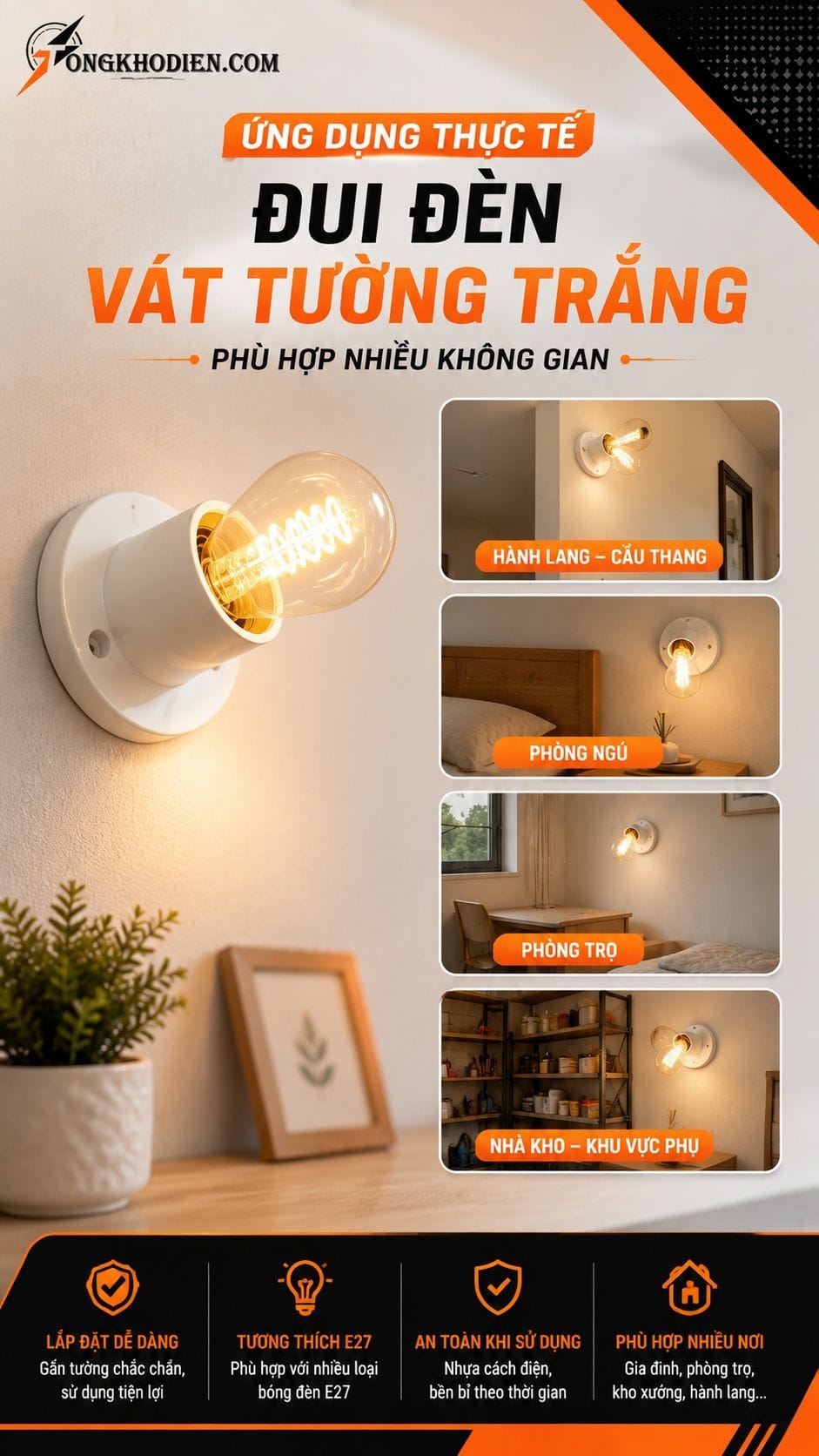 Đuôi Đèn Vát Tường Trắng An Toàn Dân Dụng 8 Ứng dụng thực tế đuôi đèn vát tường trắng