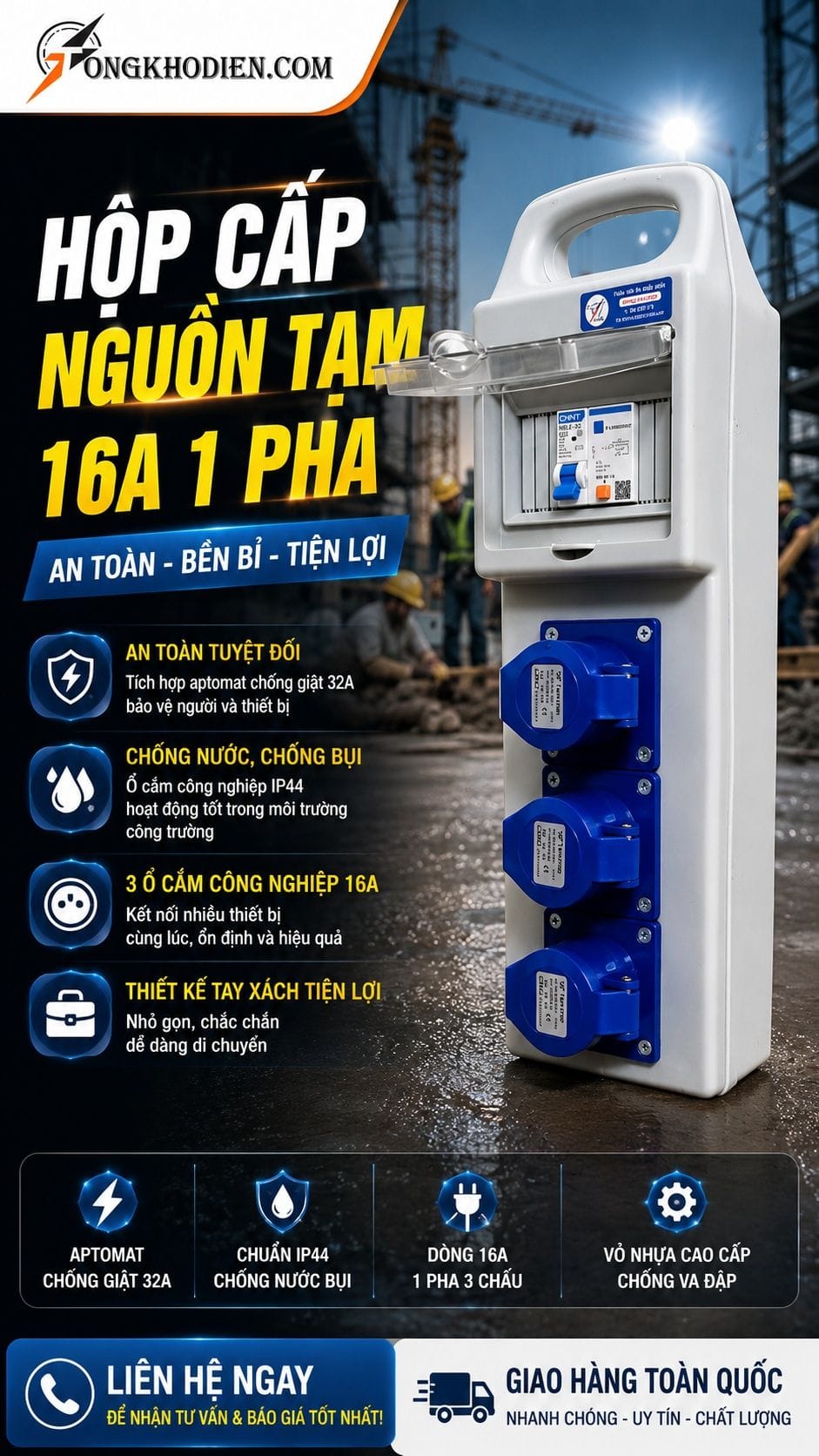 Hộp Cấp Nguồn Tạm 16A 1 Pha Cho Công Trường 5 Hộp cấp nguồn tạm 16A 1 pha 3 chấu