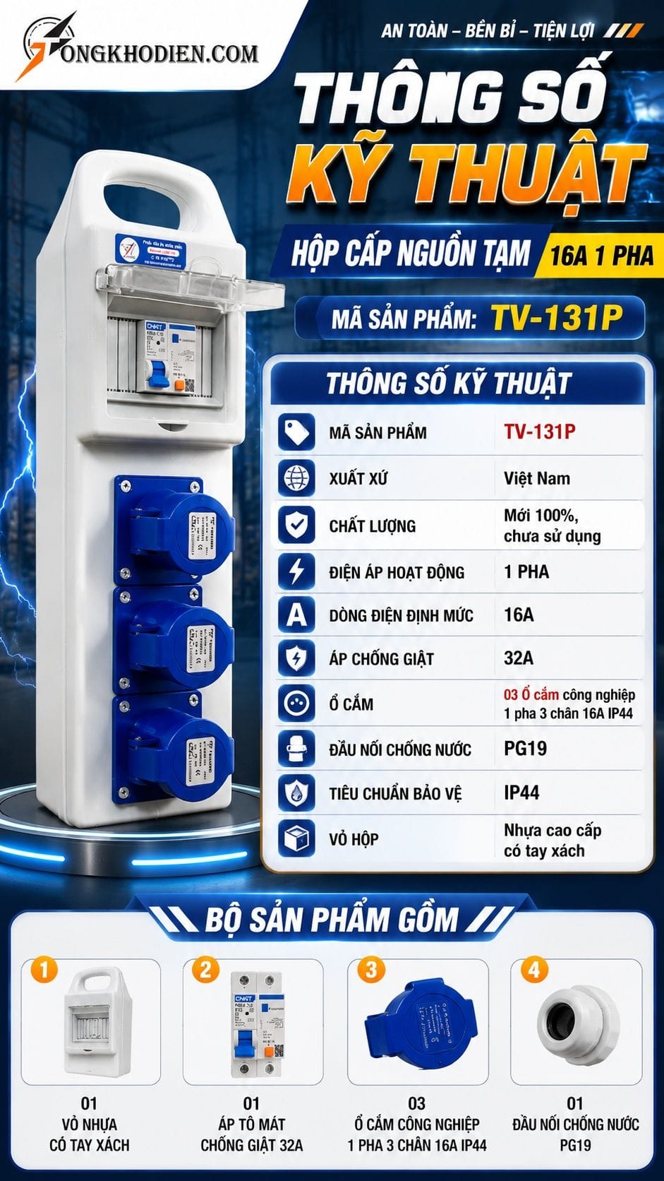 Hộp Cấp Nguồn Tạm 16A 1 Pha Cho Công Trường 6 Thông số kỹ thuật hộp cấp nguồn tạm 16A 1 pha