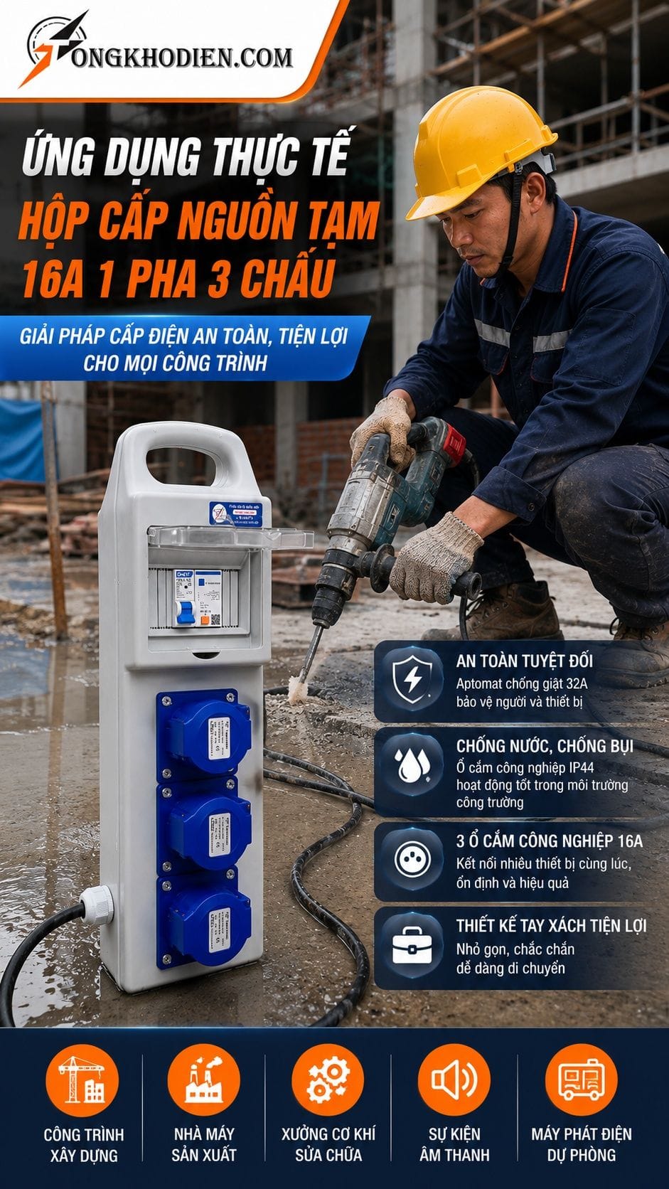 Hộp Cấp Nguồn Tạm 16A 1 Pha Cho Công Trường 7 Ứng dụng thực tế hộp cấp nguồn tạm 16A 1 pha