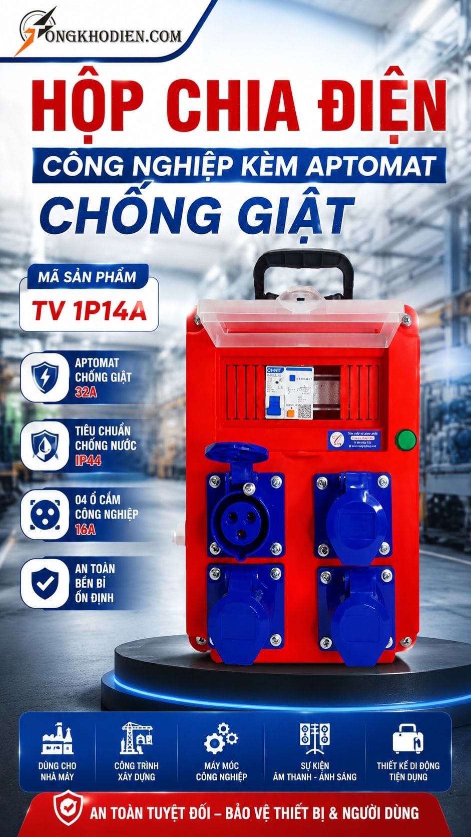 Hộp chia điện công nghiệp kèm aptomat chống giật TV 1P14A