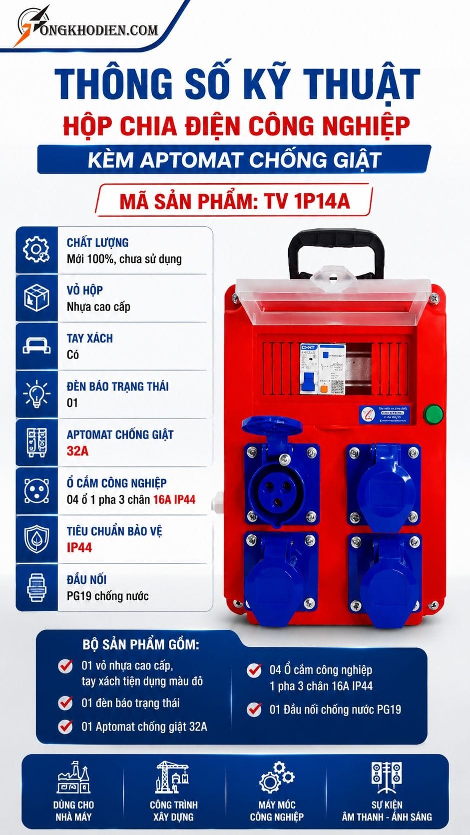 Thông số kỹ thuật hộp chia điện công nghiệp TV 1P14A