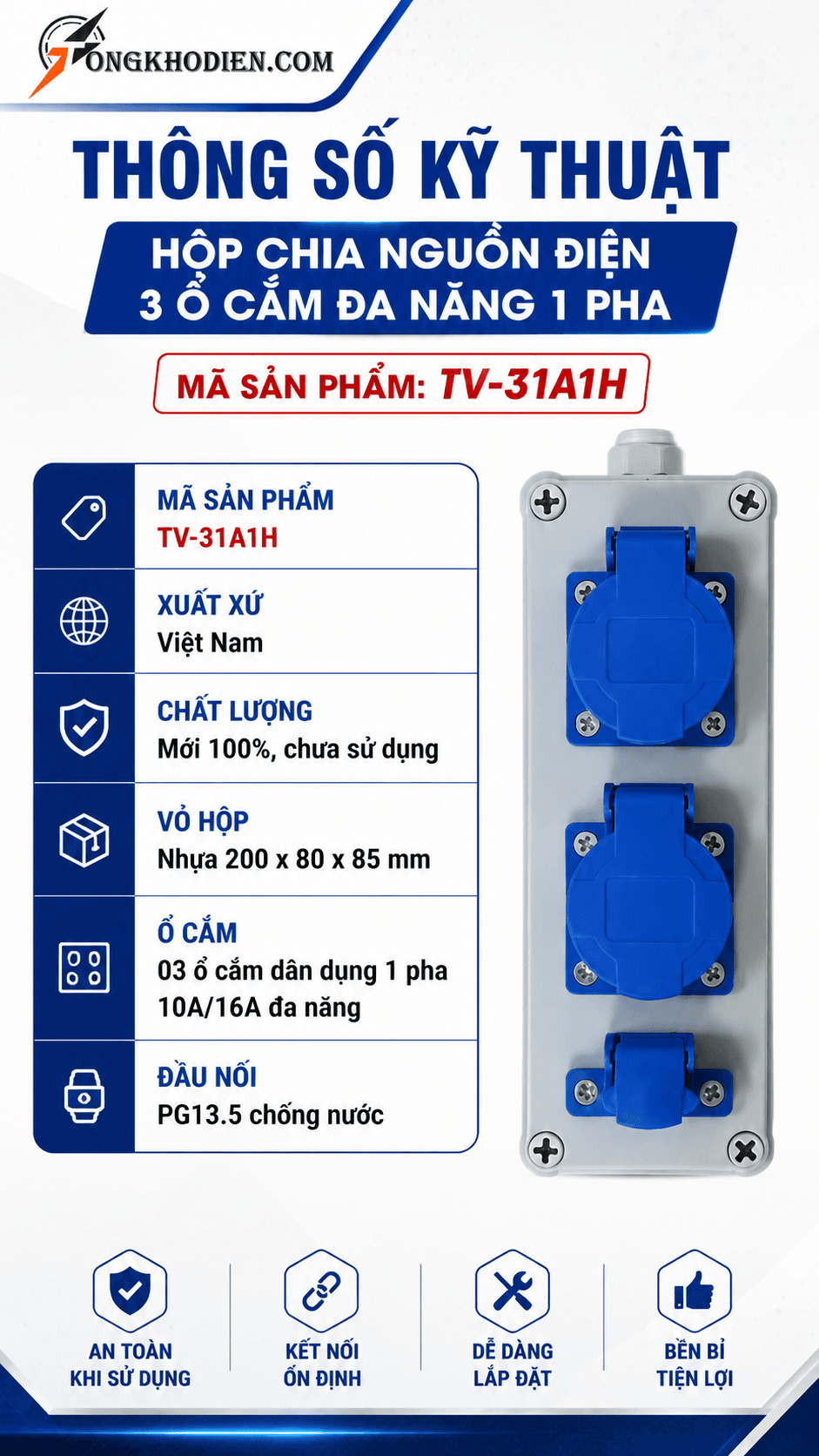Hộp Chia Nguồn Điện 3 Ổ Cắm Đa Năng 1 Pha TV-31A1H 6 Thông số kỹ thuật hộp chia nguồn điện TV-31A1H