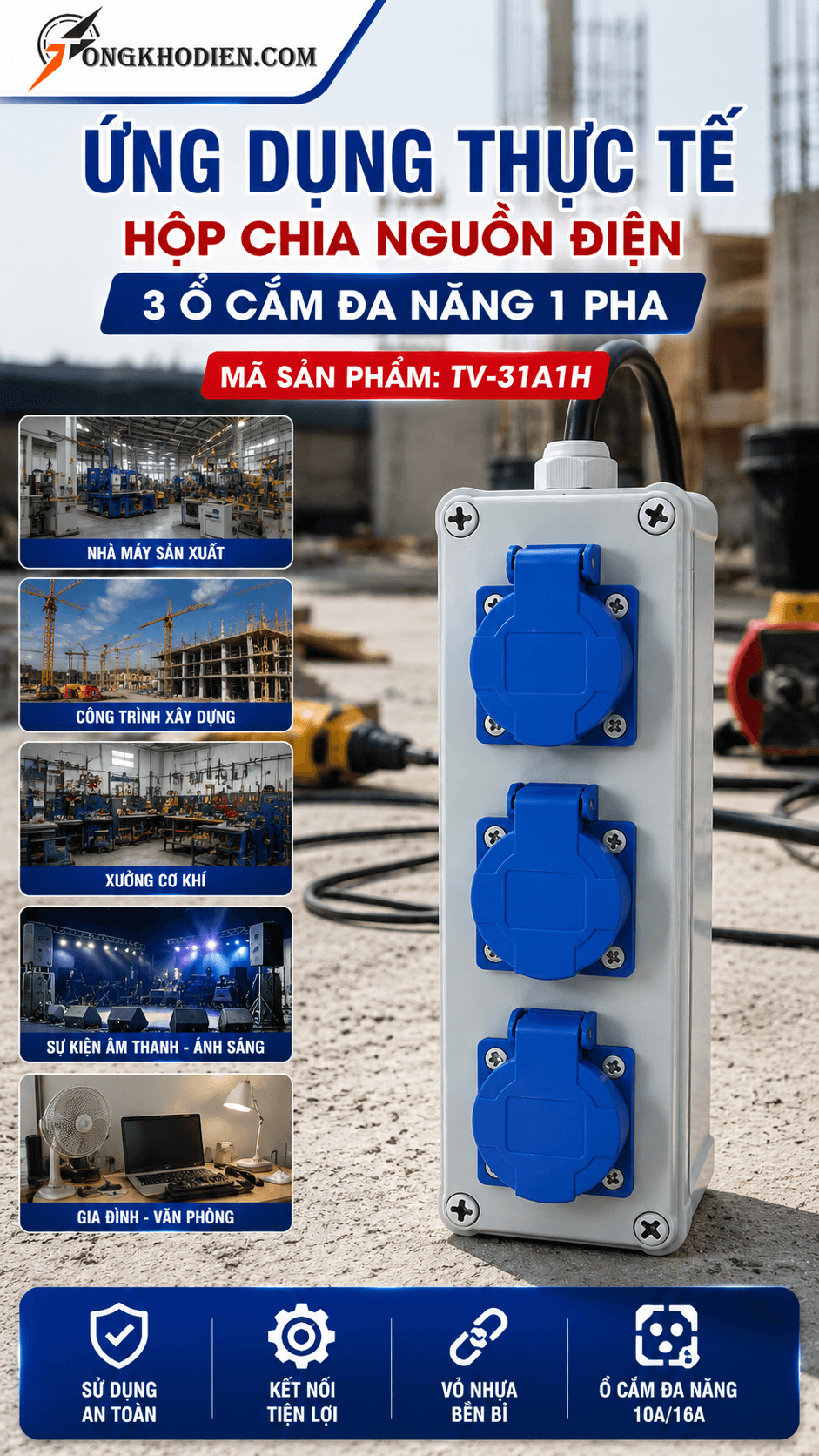 Hộp Chia Nguồn Điện 3 Ổ Cắm Đa Năng 1 Pha TV-31A1H 7 Ứng dụng thực tế hộp chia nguồn điện TV-31A1H