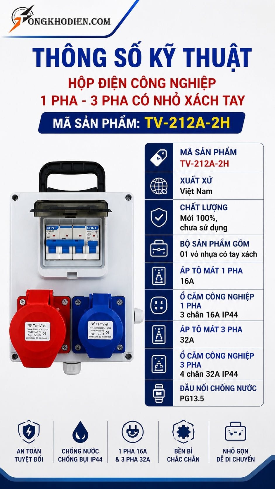 Hộp Điện Công Nghiệp 1 Pha 3 Pha Có Nhỏ Xách Tay 7 Thông số kỹ thuật hộp điện TV-212A-2H