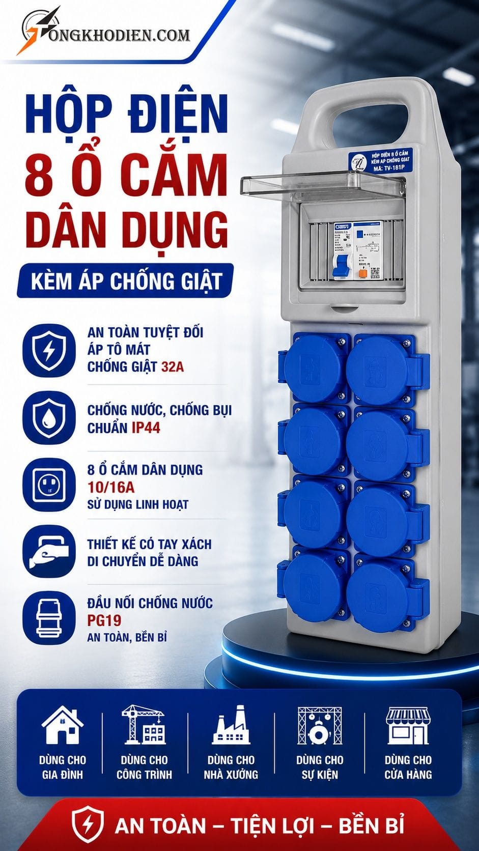 Hộp Điện 8 Ổ Cắm Dân Dụng Kèm Áp Chống Giật TV-181P 6 Hộp điện 8 ổ cắm dân dụng kèm áp chống giật TV-181P