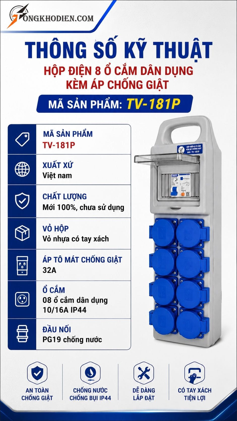 Hộp Điện 8 Ổ Cắm Dân Dụng Kèm Áp Chống Giật TV-181P 7 Thông số kỹ thuật hộp điện TV-181P