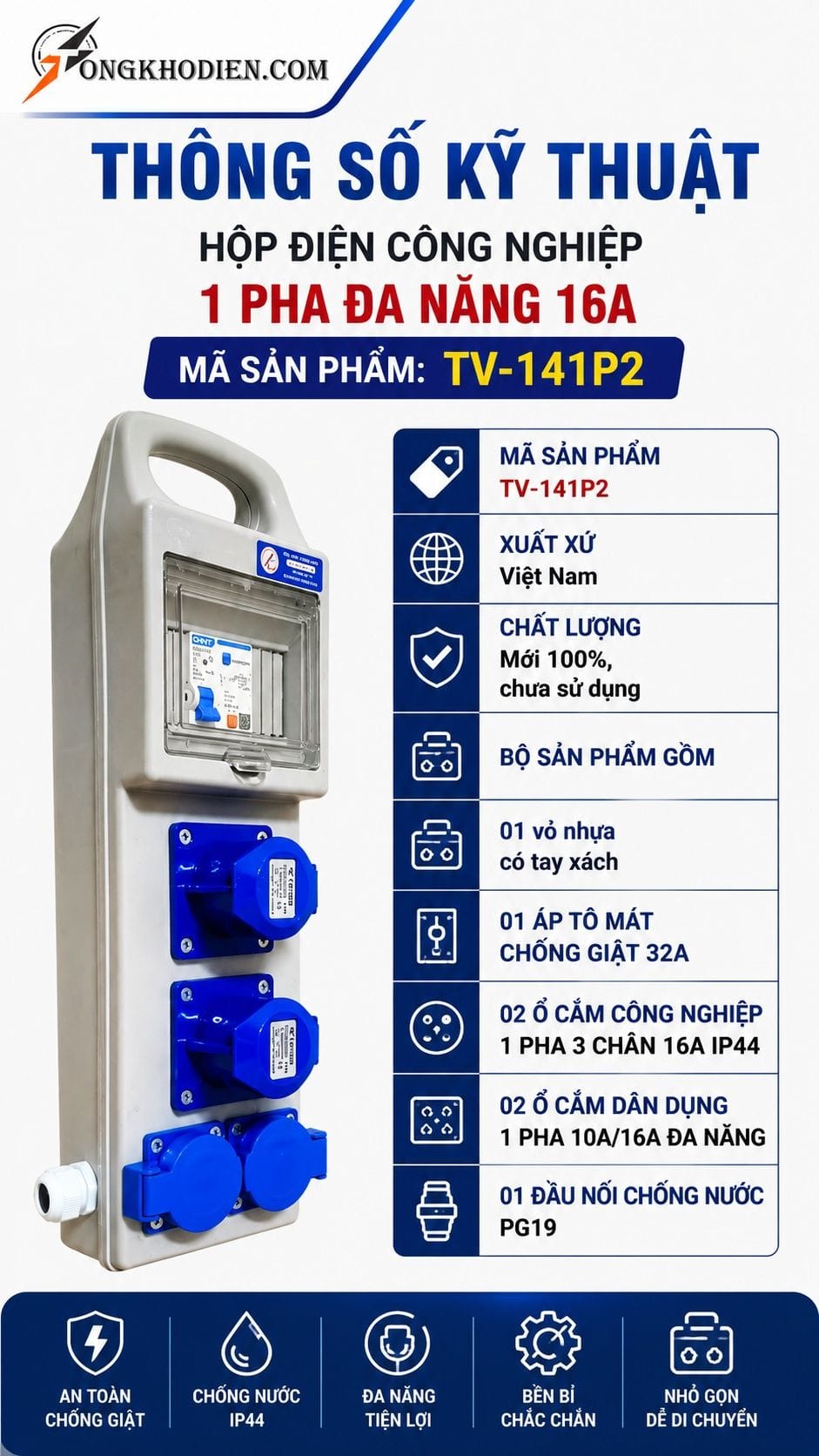 Hộp Điện Công Nghiệp 1 Pha Đa Năng 16A TV-141P2 8 Thông số kỹ thuật hộp điện TV-141P2