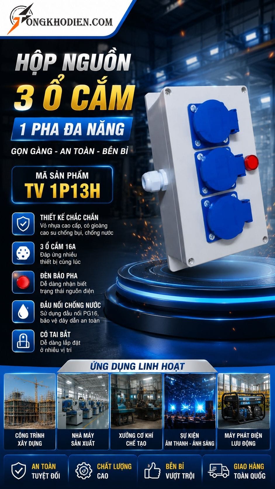 Hộp Nguồn 3 Ổ Cắm 1 Pha Đa Năng TV 1P13H 5 Hộp nguồn 3 ổ cắm 1 pha đa năng TV 1P13H