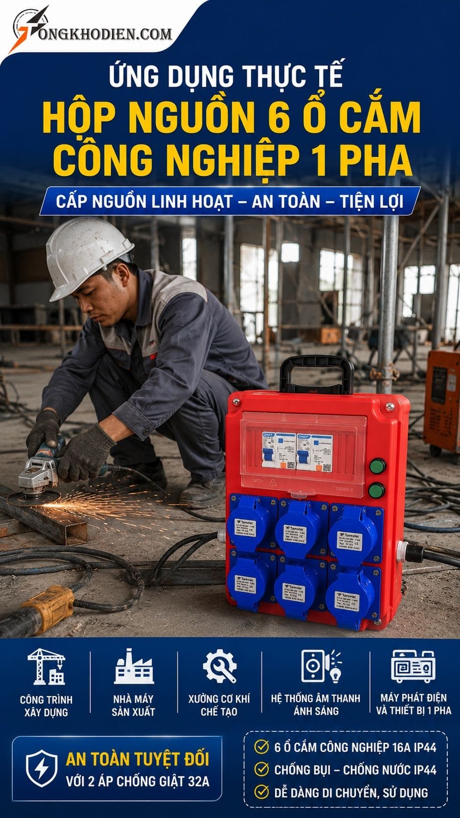 Hộp Nguồn 6 Ổ Cắm Công Nghiệp 1 Pha IP44 7 Ứng dụng thực tế hộp nguồn 6 ổ cắm công nghiệp 1 pha