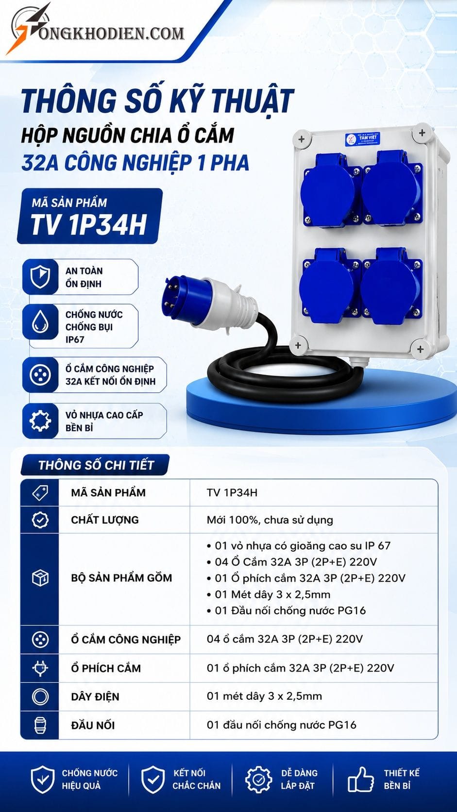 Hộp chia ổ cắm công nghiệp 32A IP67 7 Thông số kỹ thuật hộp chia ổ cắm công nghiệp 32A