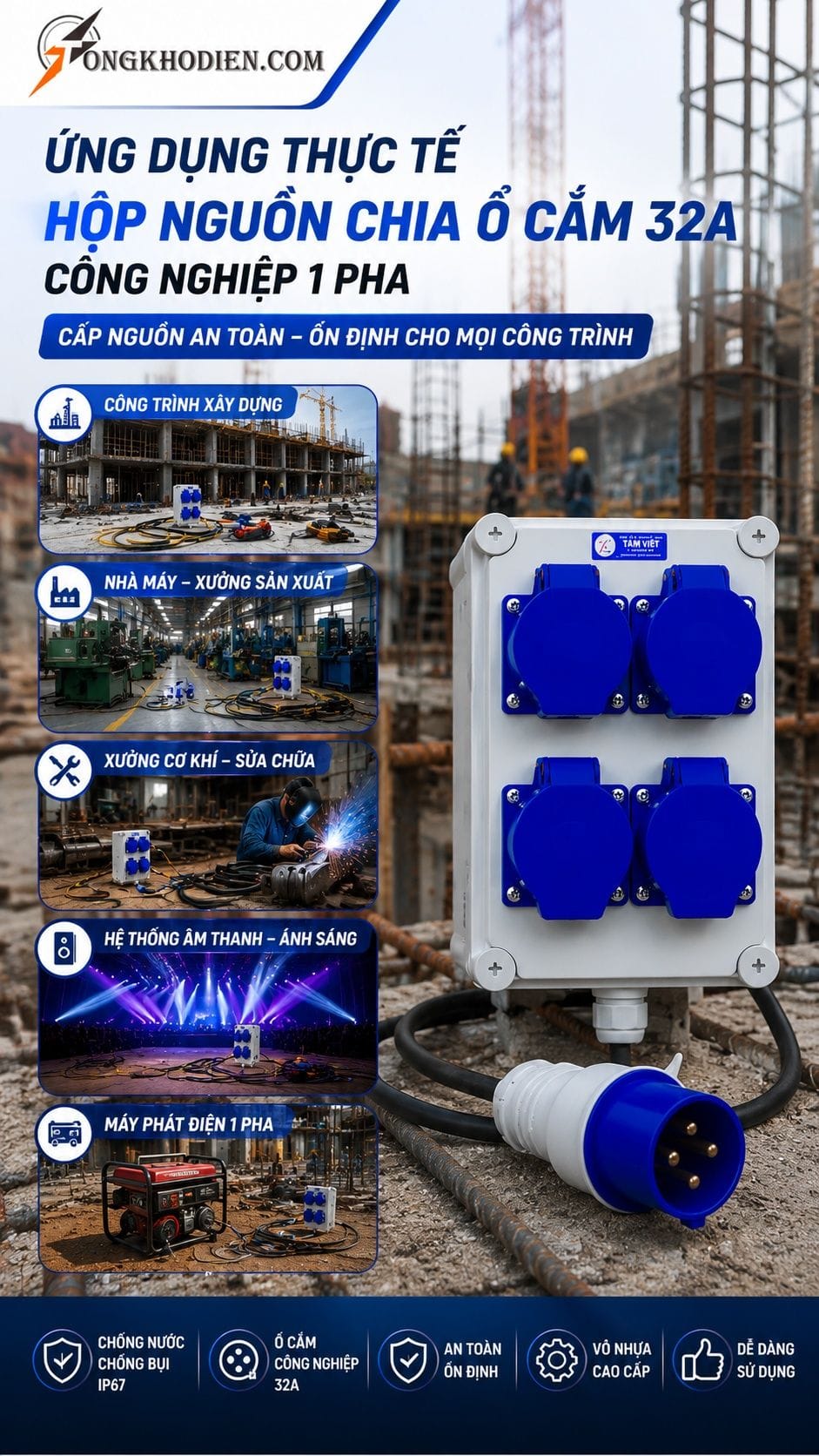 Hộp chia ổ cắm công nghiệp 32A IP67 8 Ứng dụng thực tế hộp chia ổ cắm công nghiệp 32A
