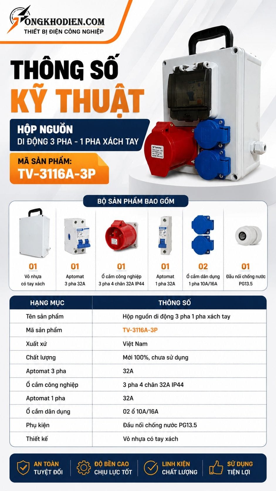 Hộp nguồn di động 3 pha 1 pha xách tay an toàn 7 Thông số kỹ thuật hộp nguồn di động 3 pha 1 pha xách tay