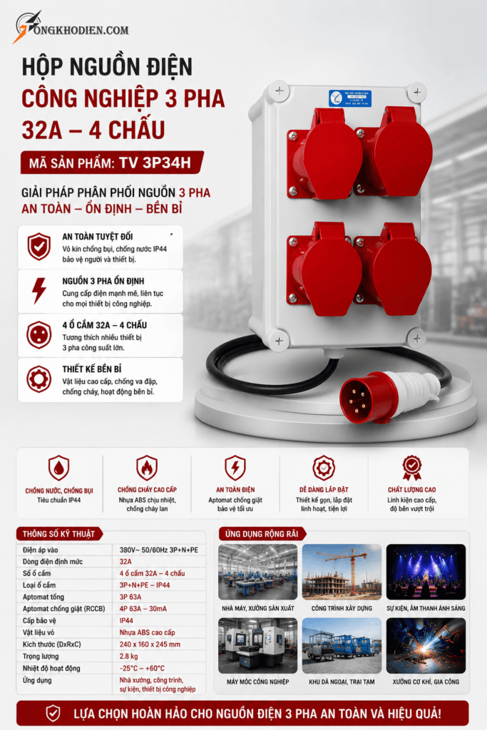Hộp Nguồn Điện Công Nghiệp 3 Pha 32A 4 Chấu Chịu Tải Lớn Bền Bỉ 8 hộp nguồn điện công nghiệp