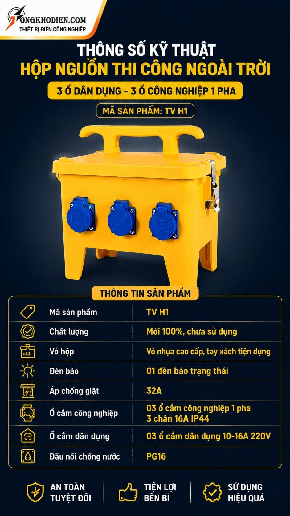 Hộp nguồn điện thi công ngoài trời 1 pha an toàn 8 Thông số kỹ thuật hộp nguồn điện thi công ngoài trời TV H1