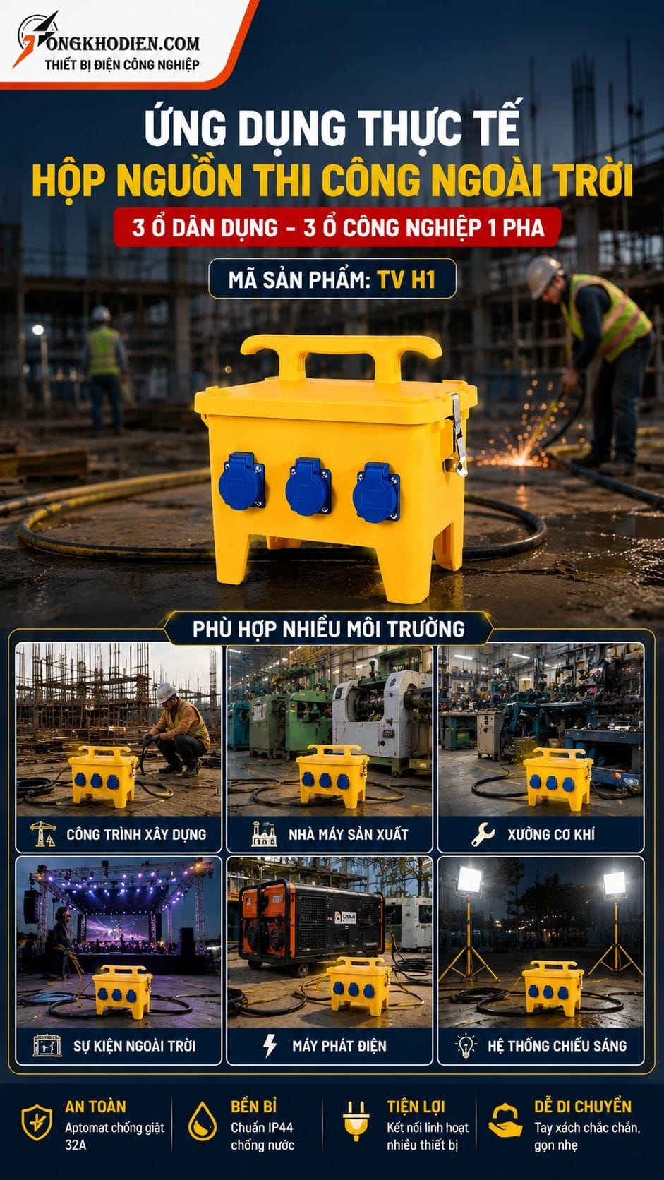 Hộp nguồn điện thi công ngoài trời 1 pha an toàn 9 Ứng dụng thực tế hộp nguồn điện thi công ngoài trời TV H1