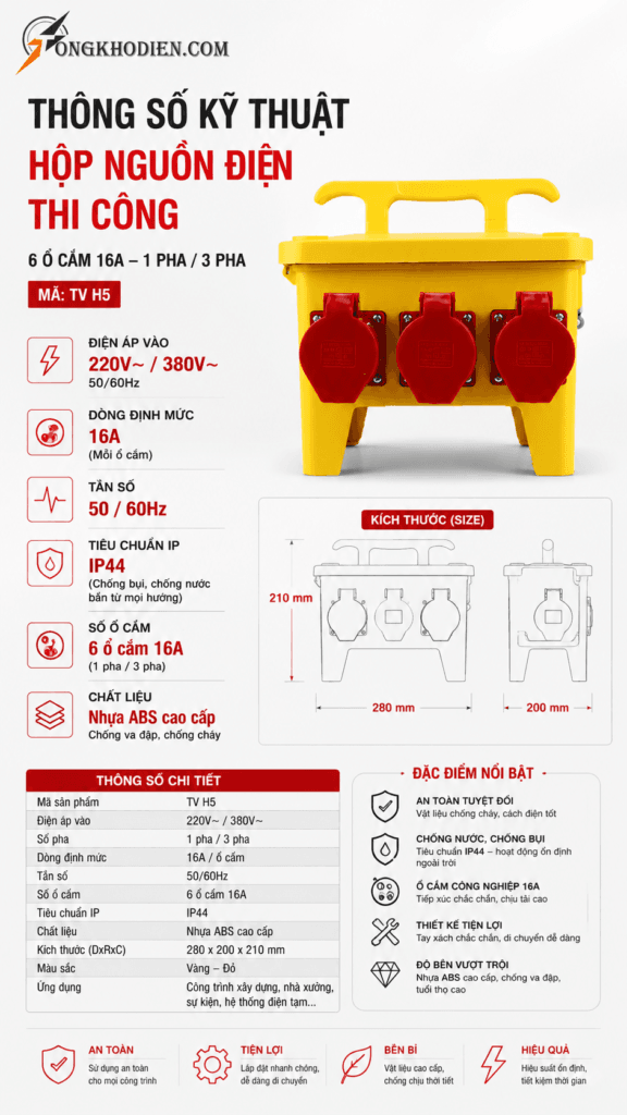 Hộp Nguồn Điện Thi Công 6 Ổ Cắm 16A Chịu Tải Cao Cho Công Trình 11 Hộp nguồn điện công nghiệp 3 pha ngoài trời IP 67