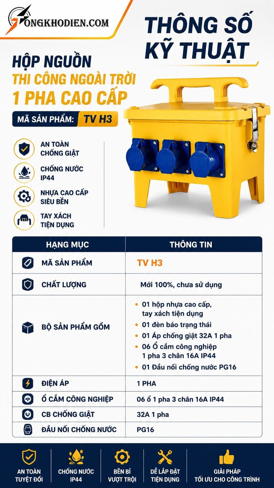 Thông số kỹ thuật hộp nguồn thi công ngoài trời 1 pha