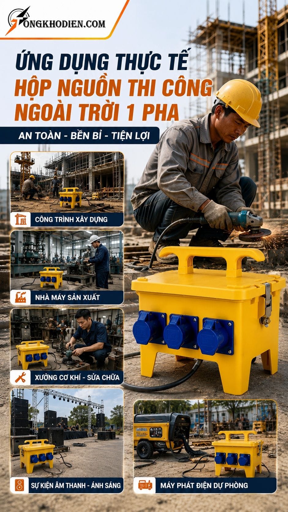 Ứng dụng thực tế hộp nguồn thi công ngoài trời 1 pha