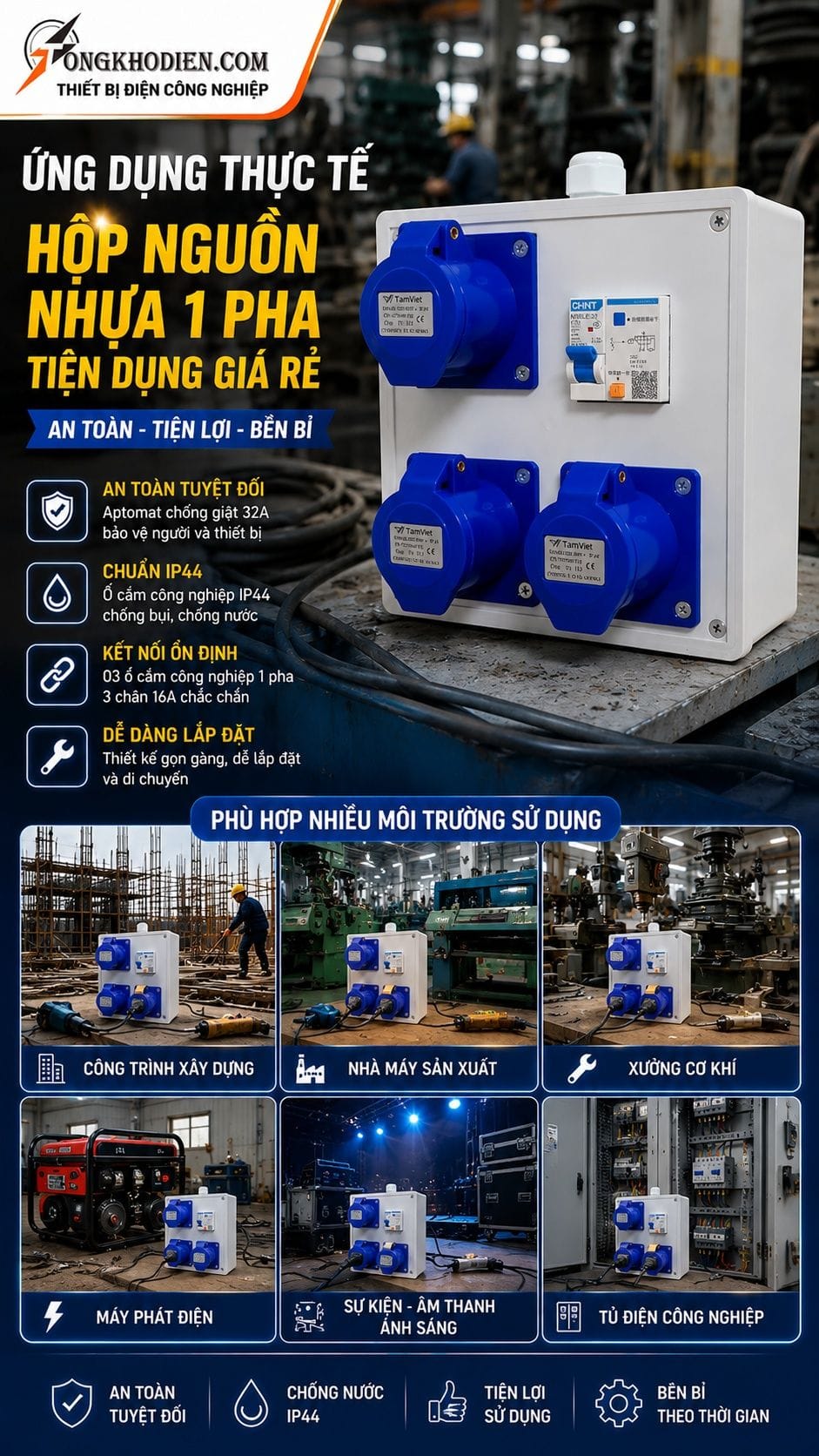 Hộp nguồn nhựa 1 pha chống giật IP44 an toàn 9 Ứng dụng thực tế hộp nguồn nhựa 1 pha