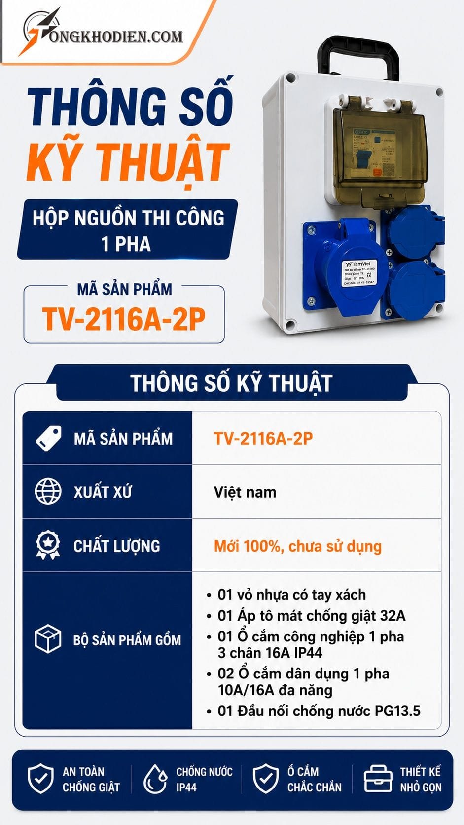 Hộp nguồn thi công 1 pha chống giật ngoài trời 7 Thông số kỹ thuật hộp nguồn thi công 1 pha TV-2116A-2P