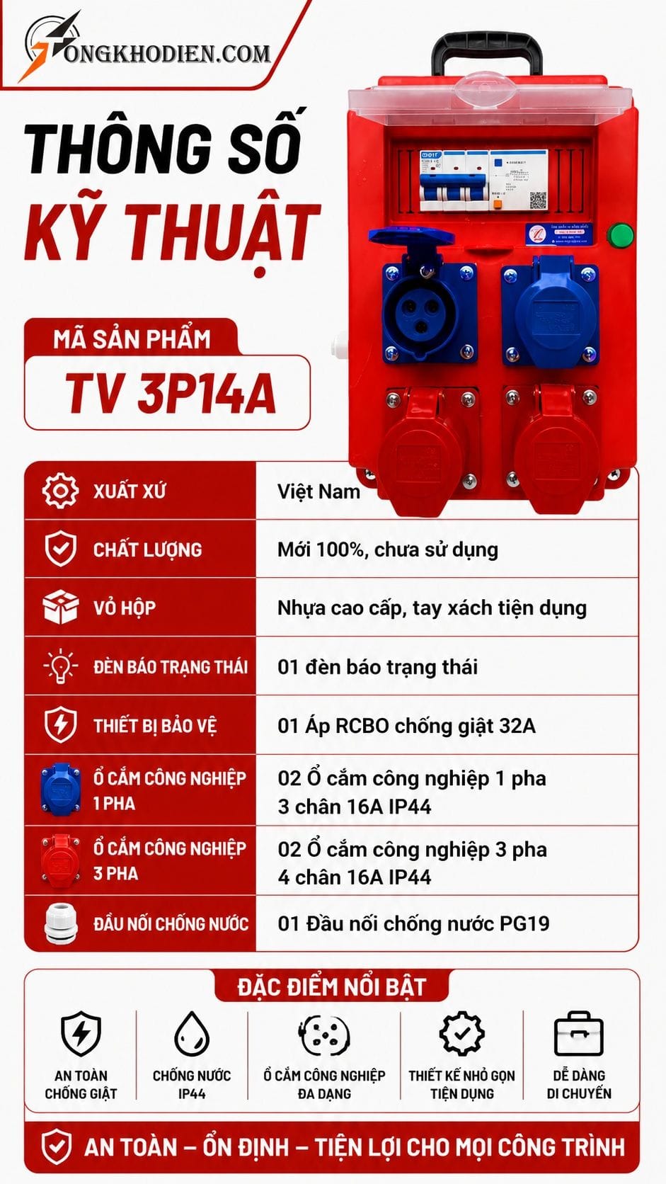 Hộp nguồn thi công 1 pha 3 pha chống giật 8 Thông số kỹ thuật hộp nguồn thi công 1 pha 3 pha TV 3P14A