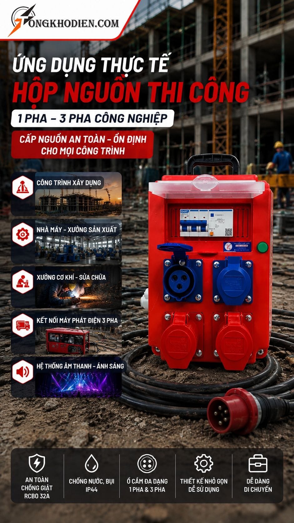 Hộp nguồn thi công 1 pha 3 pha chống giật 9 Ứng dụng thực tế hộp nguồn thi công 1 pha 3 pha