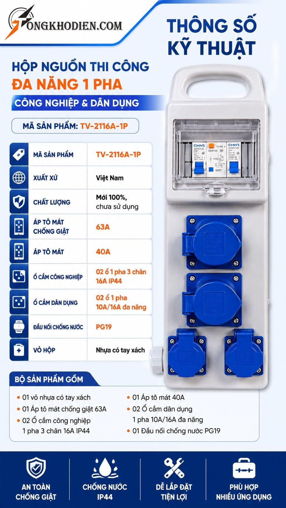 Thông số kỹ thuật hộp nguồn thi công đa năng 1 pha
