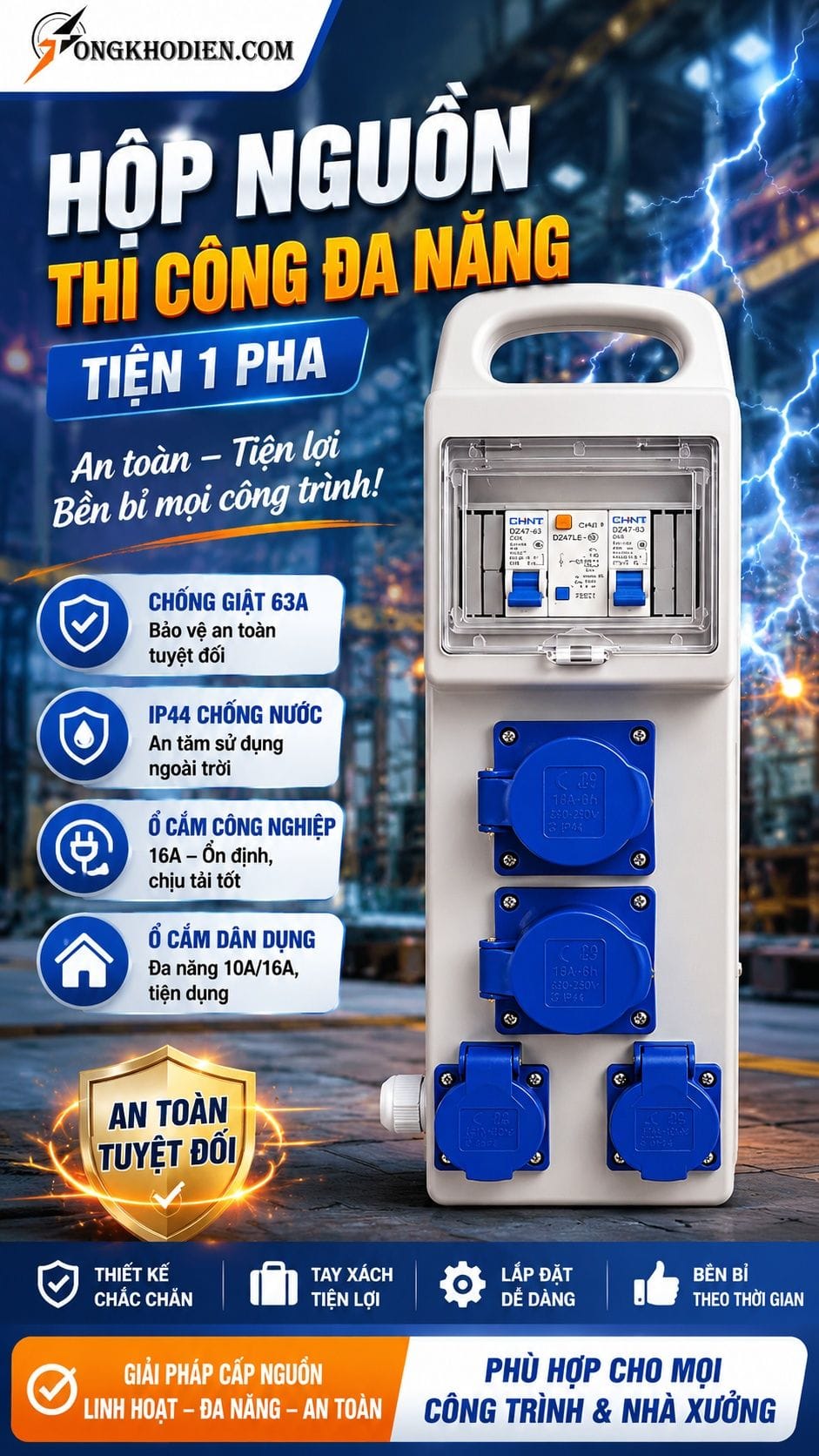 Hộp nguồn thi công đa năng 1 pha công nghiệp và dân dụng