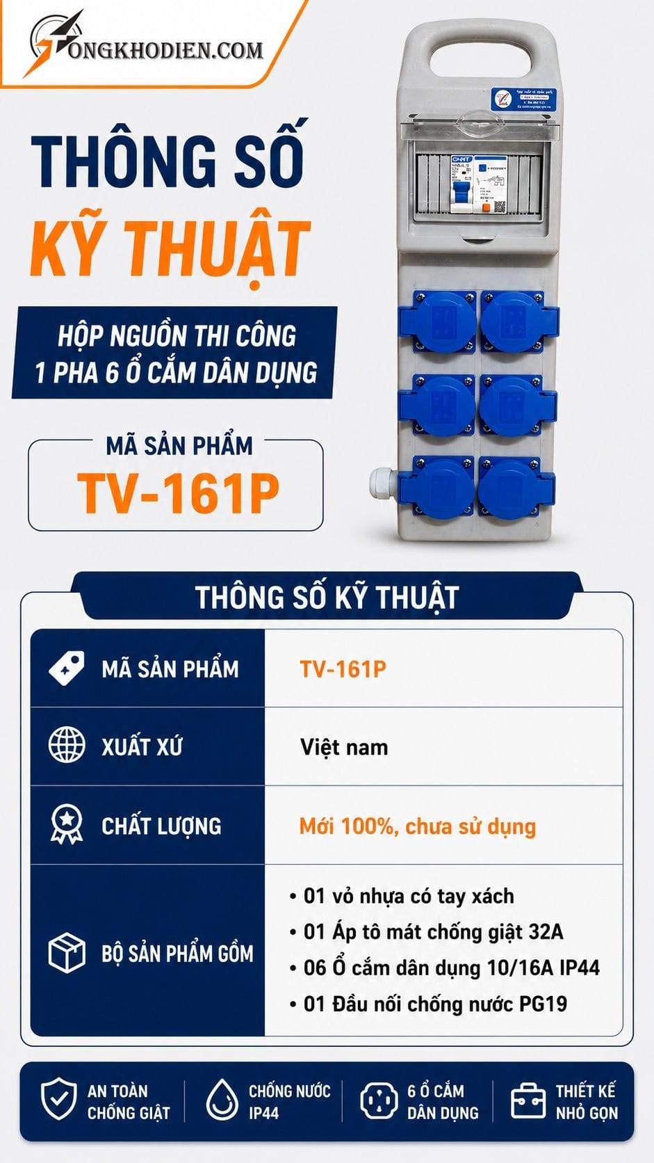 Thông số kỹ thuật hộp nguồn thi công 1 pha 6 ổ cắm TV-161P