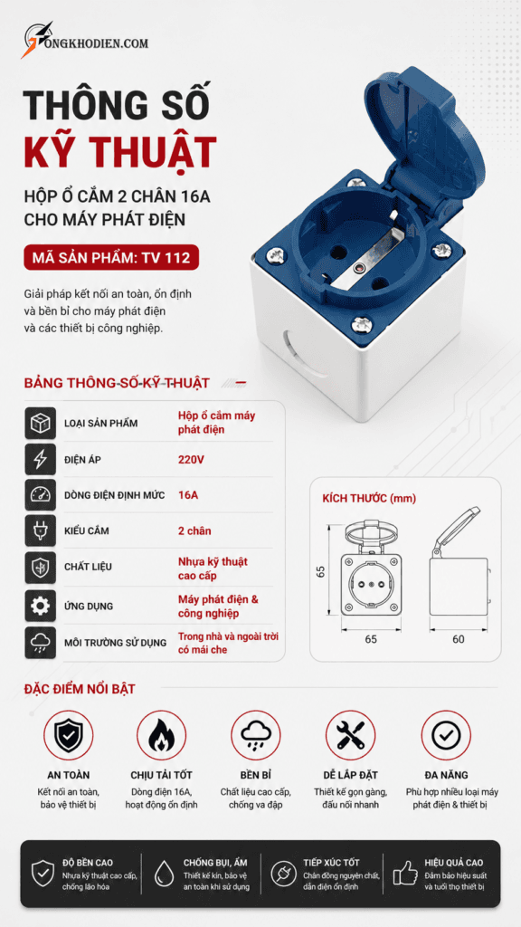 hộp ổ cắm 2 chân 16A cho máy phát điện