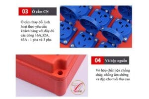 Hộp Ổ Phích Cắm Công Nghiệp Đa Năng TV 1P16A 4 Hộp ổ phích cắm công nghiệp đa năng TV 1P16A tích hợp 6 ổ cắm IP44 và CB chống giật an toàn.